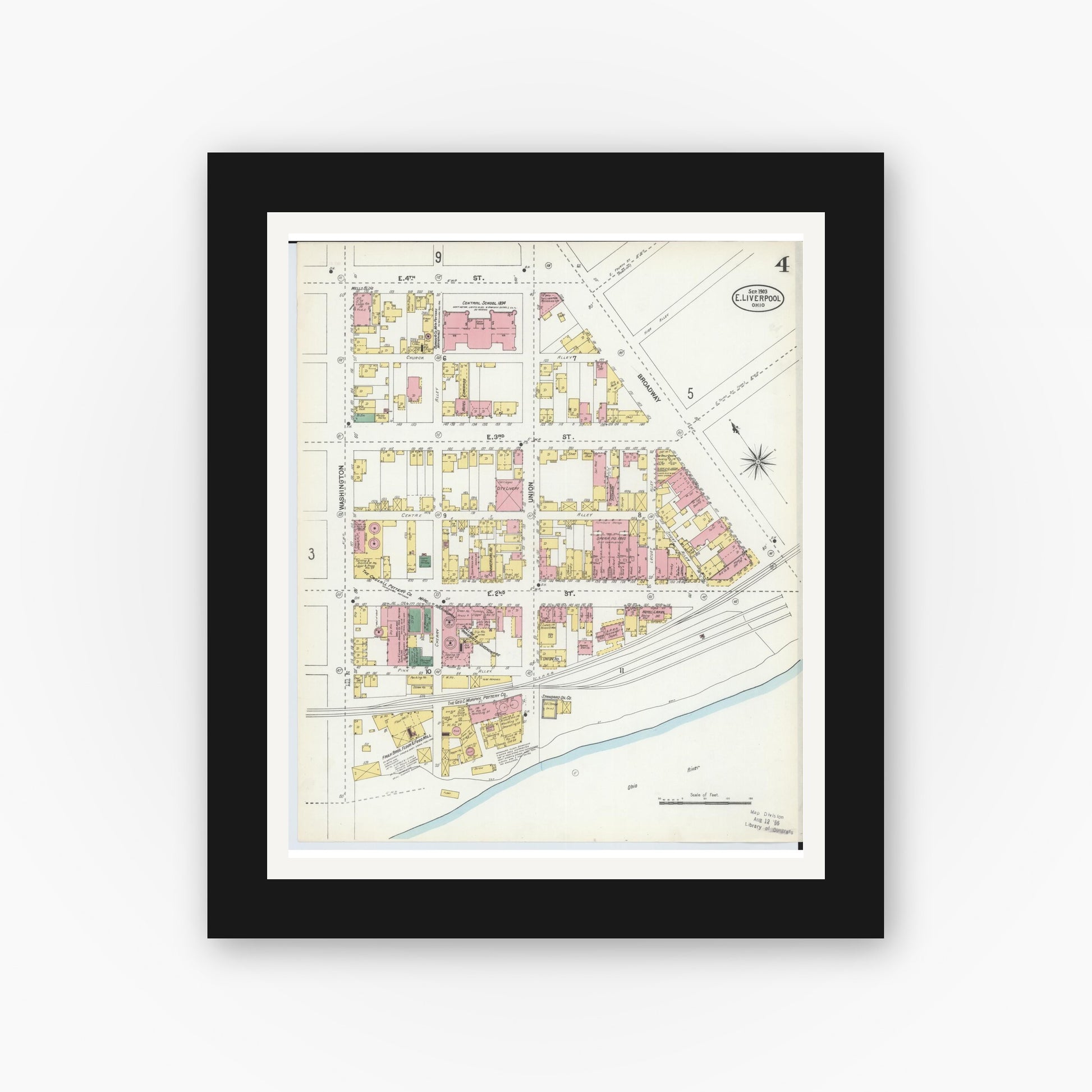 Old map wall art mockup — black gallery frame with white mat — Sanborn Fire Insurance Map from East Liverpool, Columbiana County, Ohio (1903), Sheet #0004