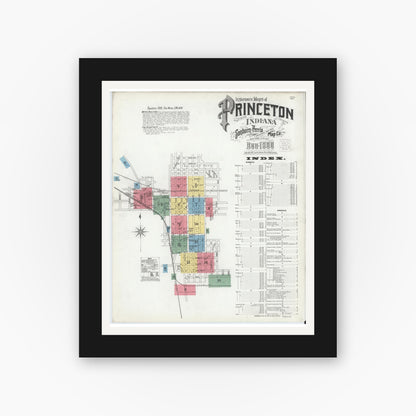 Old map wall art mockup — black gallery frame with white mat — Sanborn Fire Insurance Map from Princeton, Gibson County, Indiana (1900), Sheet #0001