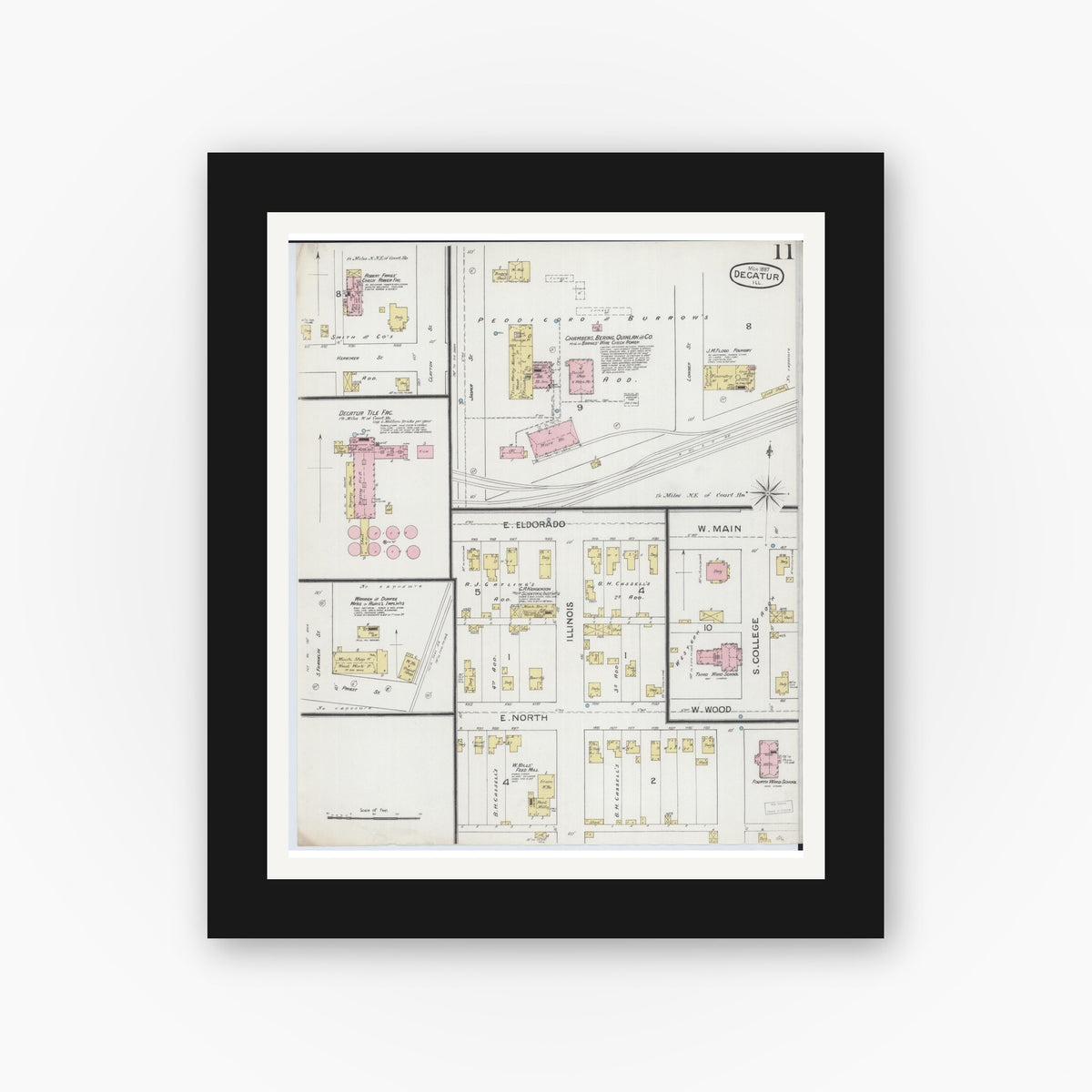 Old map wall art mockup — black gallery frame with white mat — Sanborn Fire Insurance Map from Decatur, Macon County, Illinois (1887), Sheet #0011