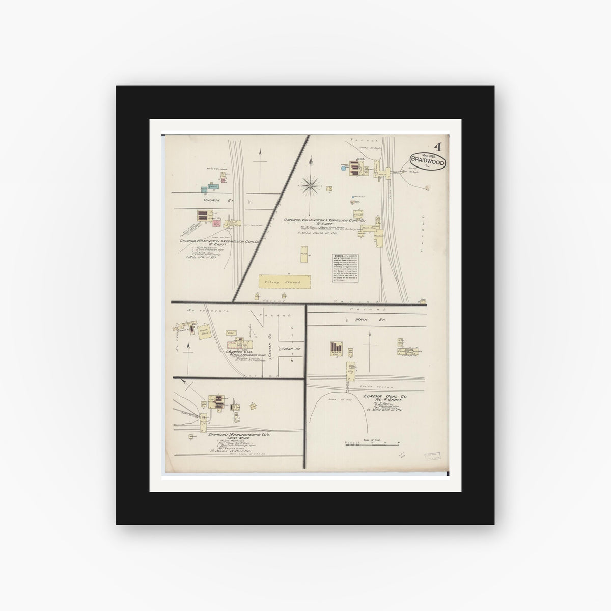 Old map wall art mockup — black gallery frame with white mat — Sanborn Fire Insurance Map from Braidwood, Will County, Illinois (1885), Sheet #0004