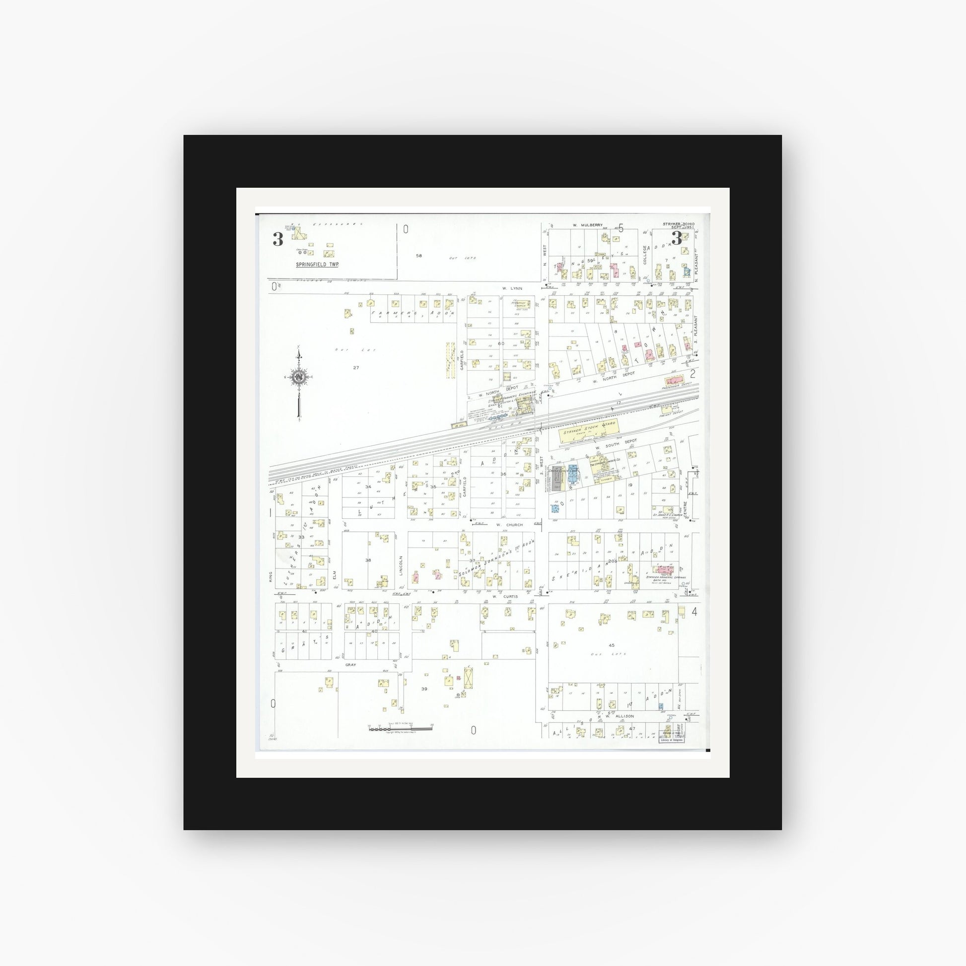 Old map wall art mockup — black gallery frame with white mat — Sanborn Fire Insurance Map from Stryker, Williams County, Ohio (1951), Sheet #0003