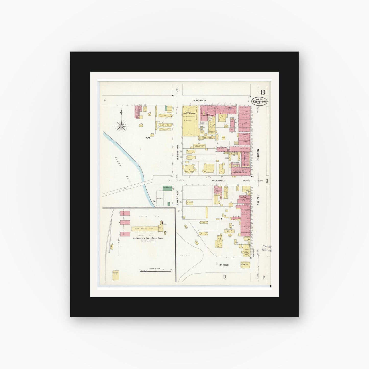 Old map wall art mockup — black gallery frame with white mat — Sanborn Fire Insurance Map from Kinston, Lenoir County, North Carolina (1908), Sheet #0008