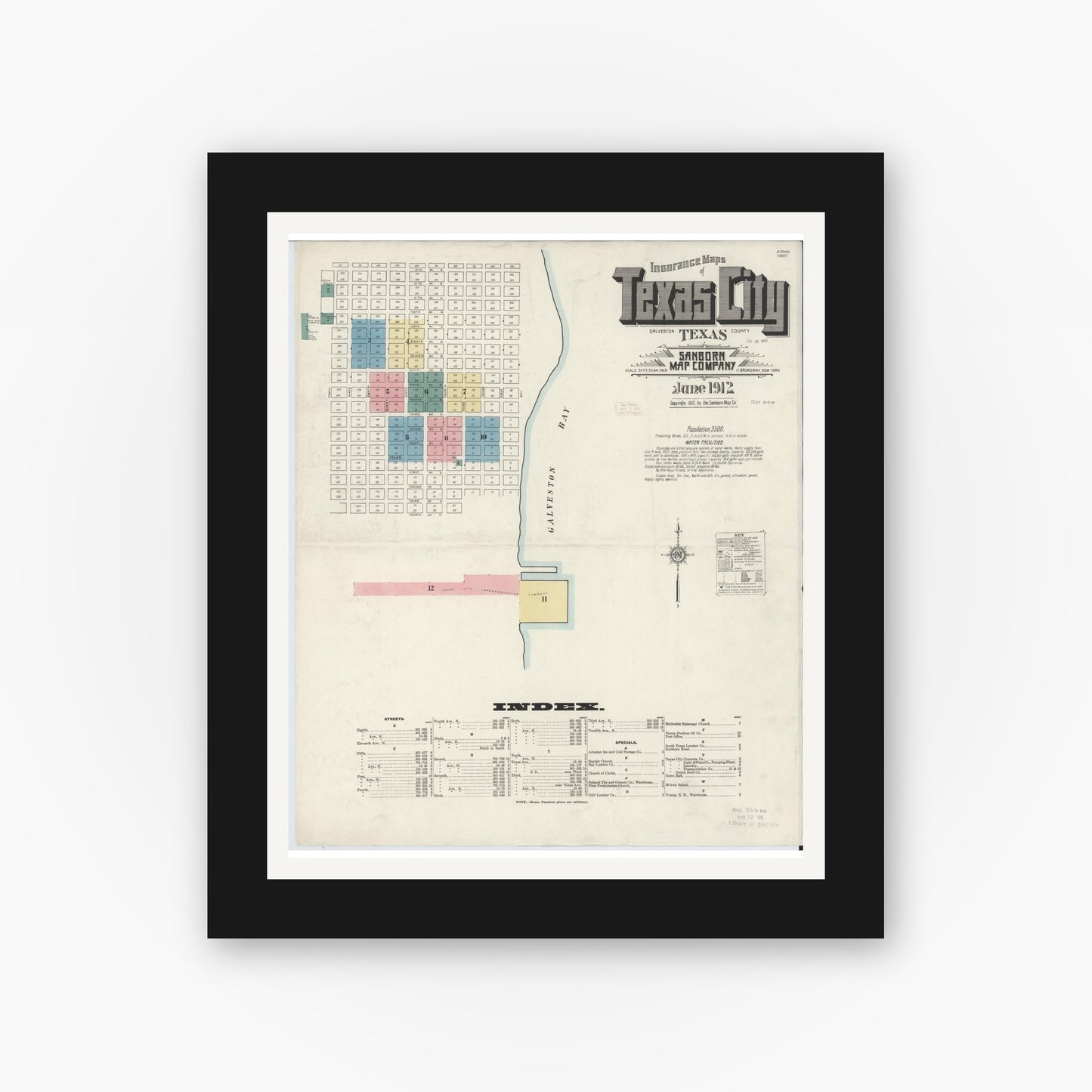 Old map wall art mockup — black gallery frame with white mat — Sanborn Fire Insurance Map from Texas City, Galveston County, Texas (1912) - Complete Map Set