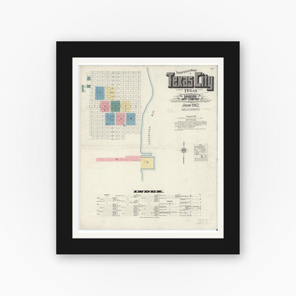 Old map wall art mockup — black gallery frame with white mat — Sanborn Fire Insurance Map from Texas City, Galveston County, Texas (1912) - Complete Map Set