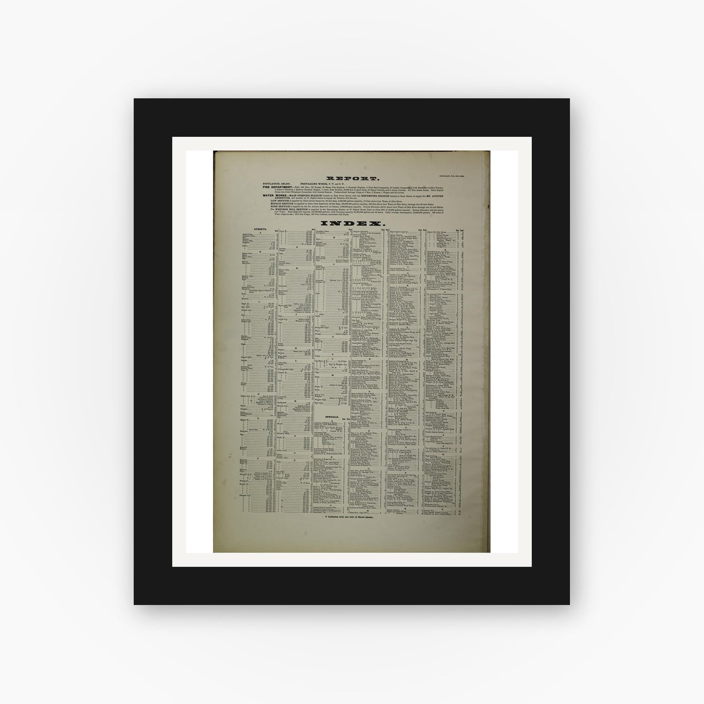 Old map wall art mockup — black gallery frame with white mat — Sanborn Fire Insurance Map from Cincinnati, Hamilton County, Ohio (1891), Sheet #0001