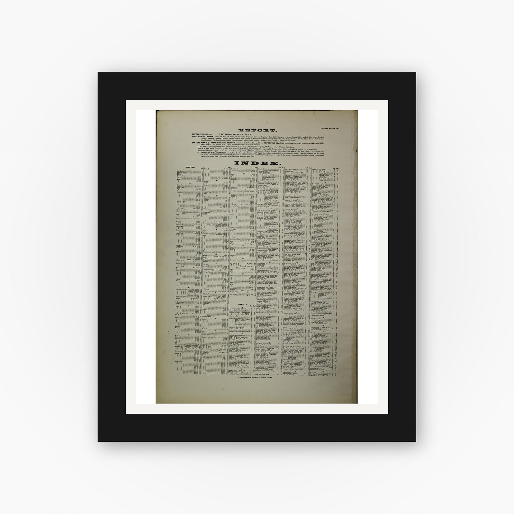 Old map wall art mockup — black gallery frame with white mat — Sanborn Fire Insurance Map from Cincinnati, Hamilton County, Ohio (1891), Sheet #0001