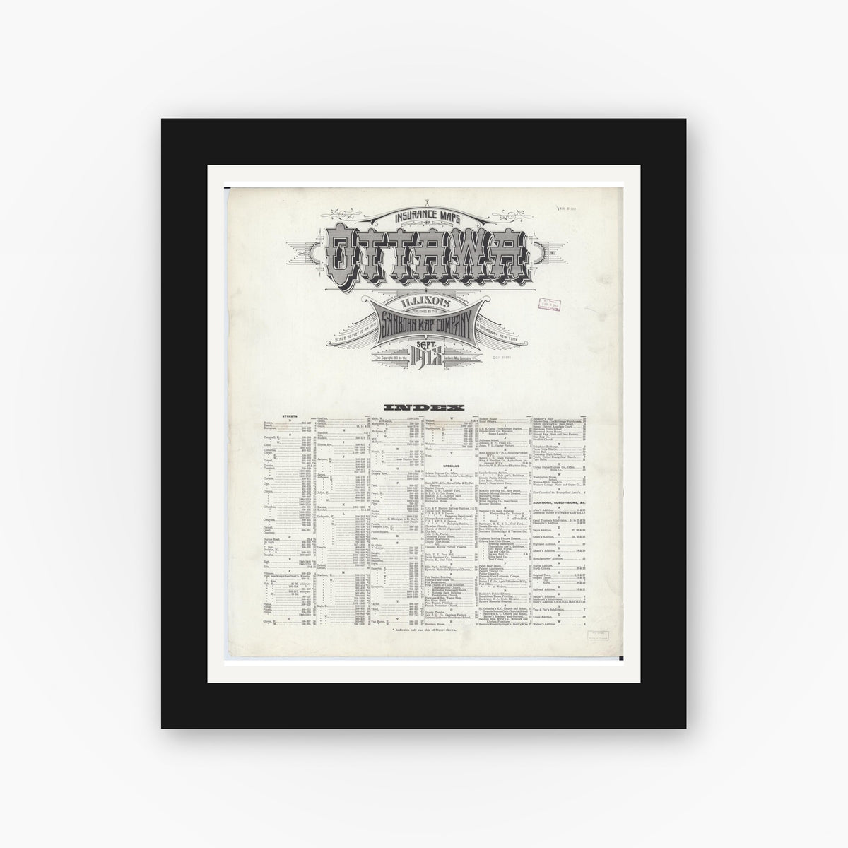 Old map wall art mockup — black gallery frame with white mat — Sanborn Fire Insurance Map from Ottawa, La Salle County, Illinois (1913), Sheet #0001