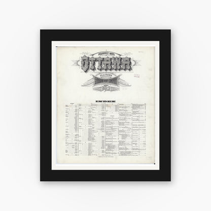 Old map wall art mockup — black gallery frame with white mat — Sanborn Fire Insurance Map from Ottawa, La Salle County, Illinois (1913), Sheet #0001