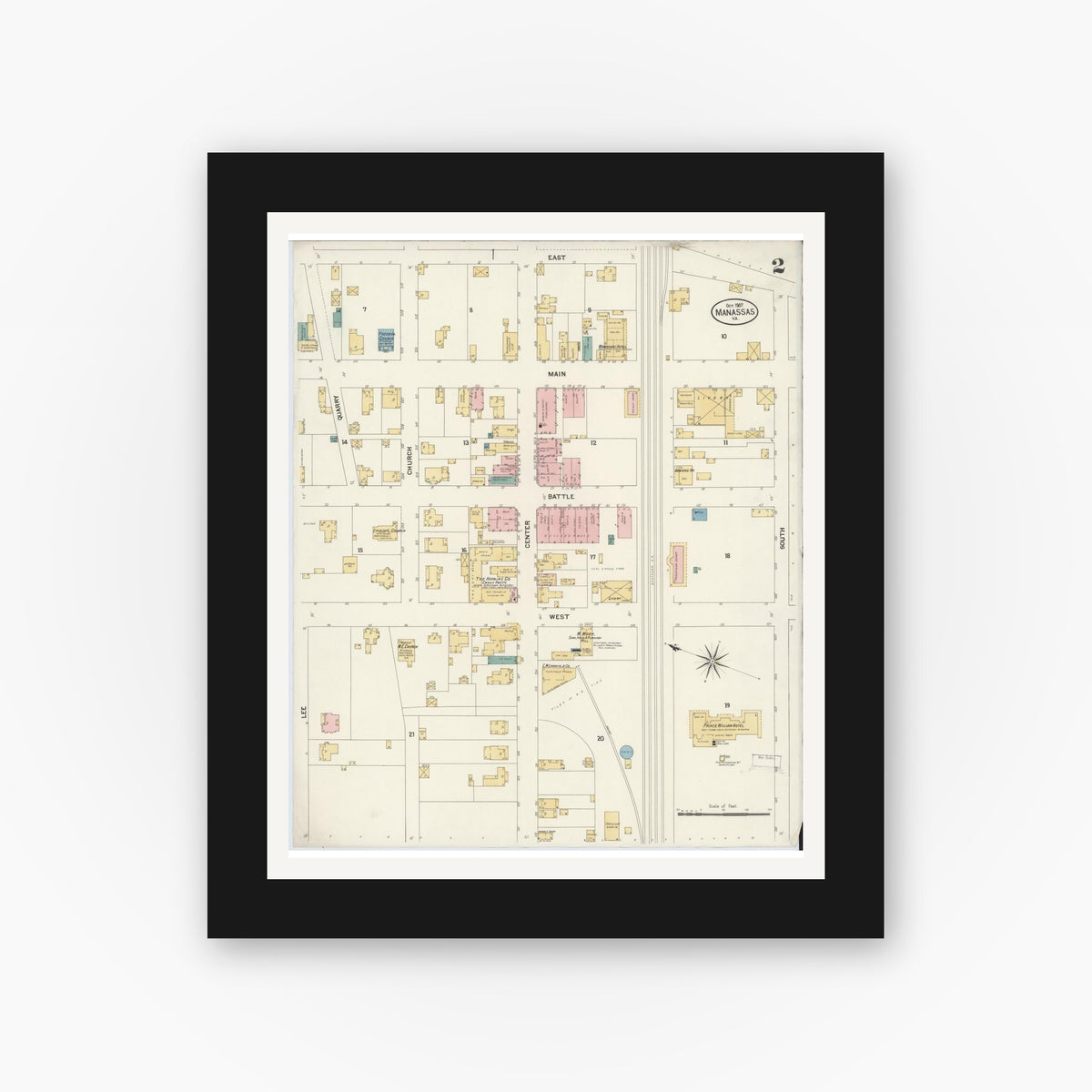 Old map wall art mockup — black gallery frame with white mat — Sanborn Fire Insurance Map from Manassas, Independent Cities, Virginia (1907), Sheet #0002