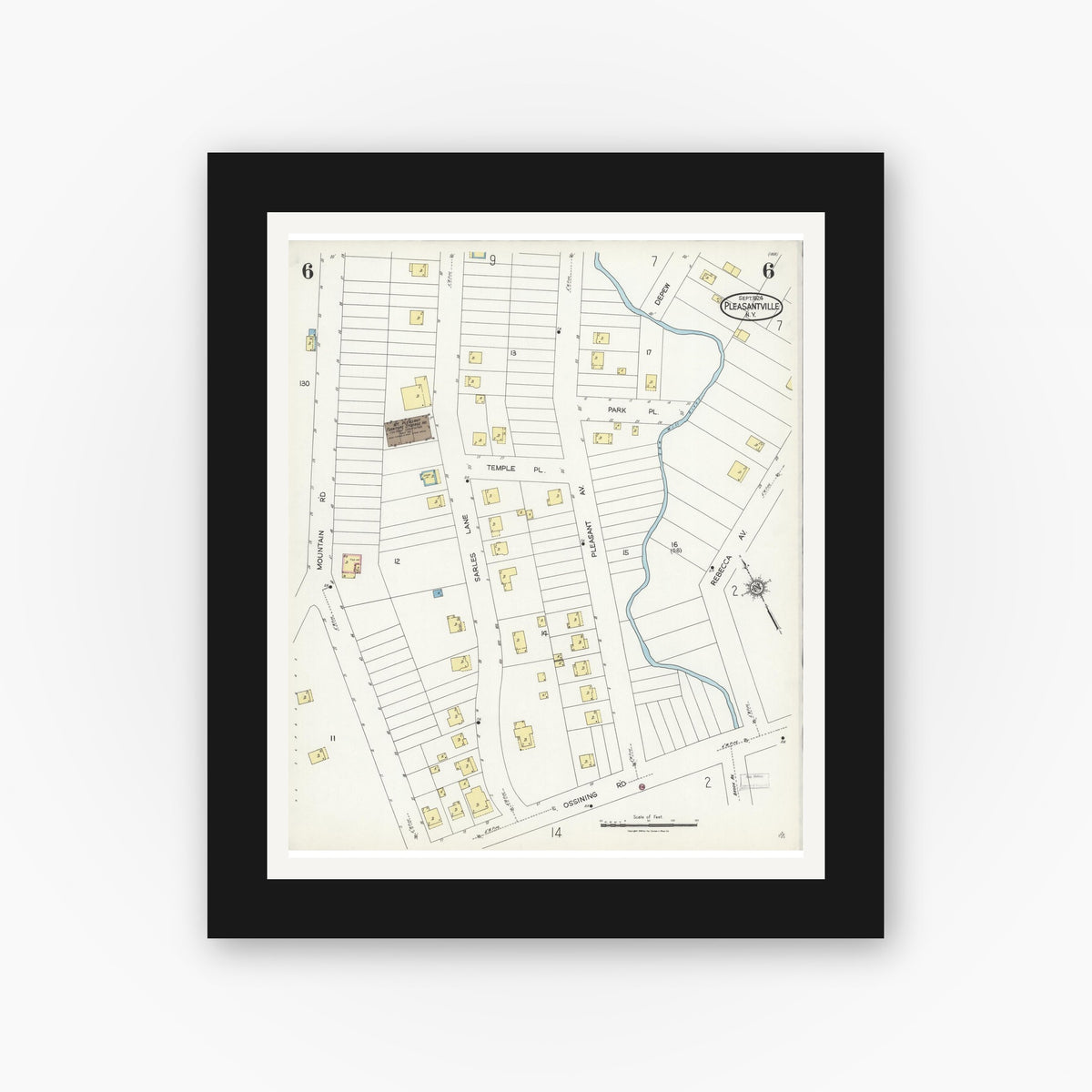 Old map wall art mockup — black gallery frame with white mat — Sanborn Fire Insurance Map from Pleasantville, Westchester County, New York (1924), Sheet #0006