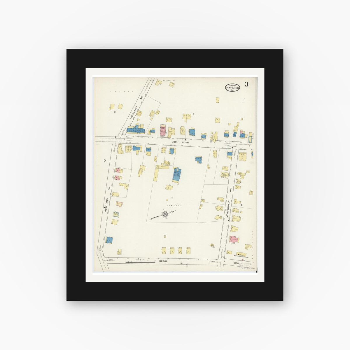 Old map wall art mockup — black gallery frame with white mat — Sanborn Fire Insurance Map from Hatboro, Montgomery County, Pennsylvania (1915), Sheet #0003
