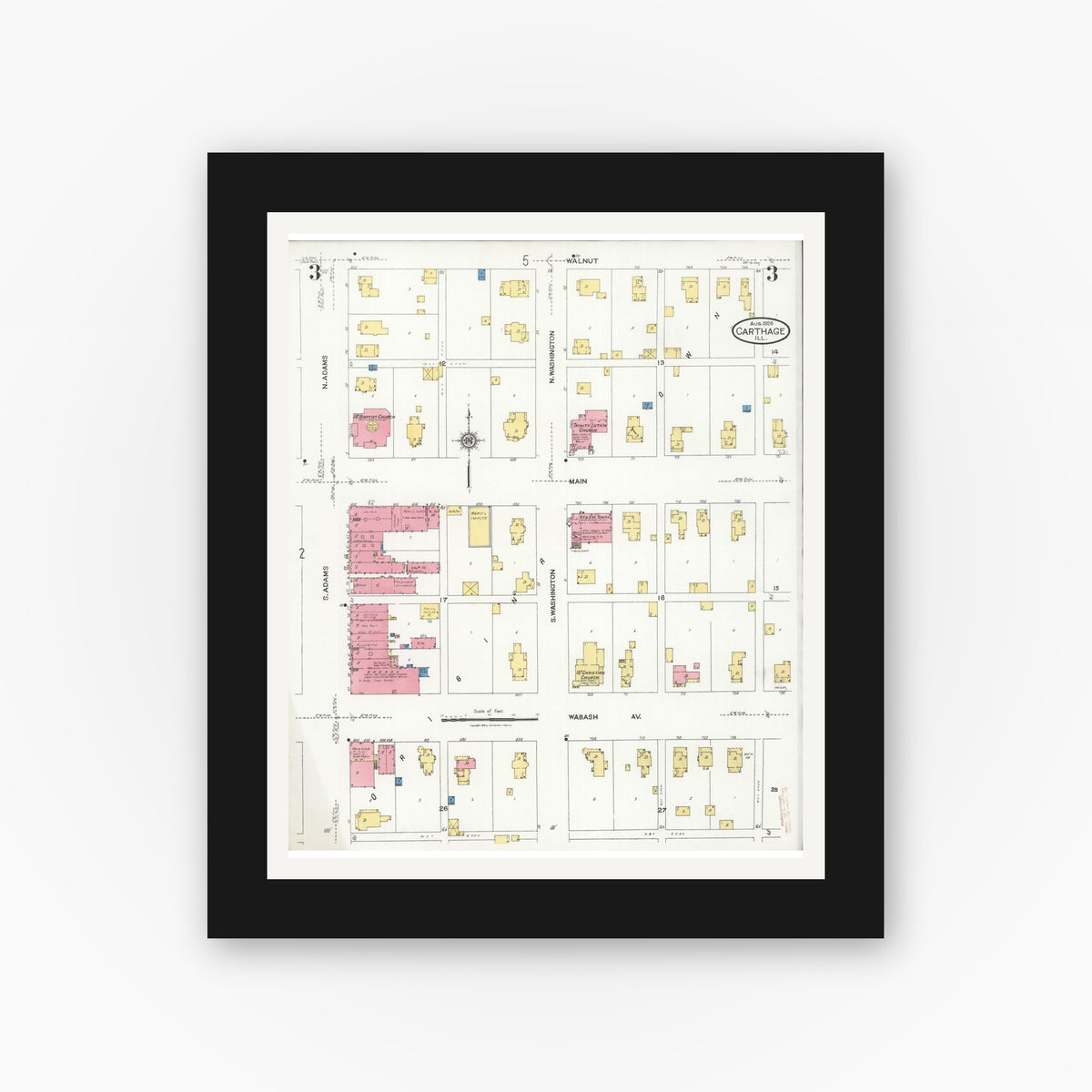 Old map wall art mockup — black gallery frame with white mat — Sanborn Fire Insurance Map from Carthage, Hancock County, Illinois (1926), Sheet #0003
