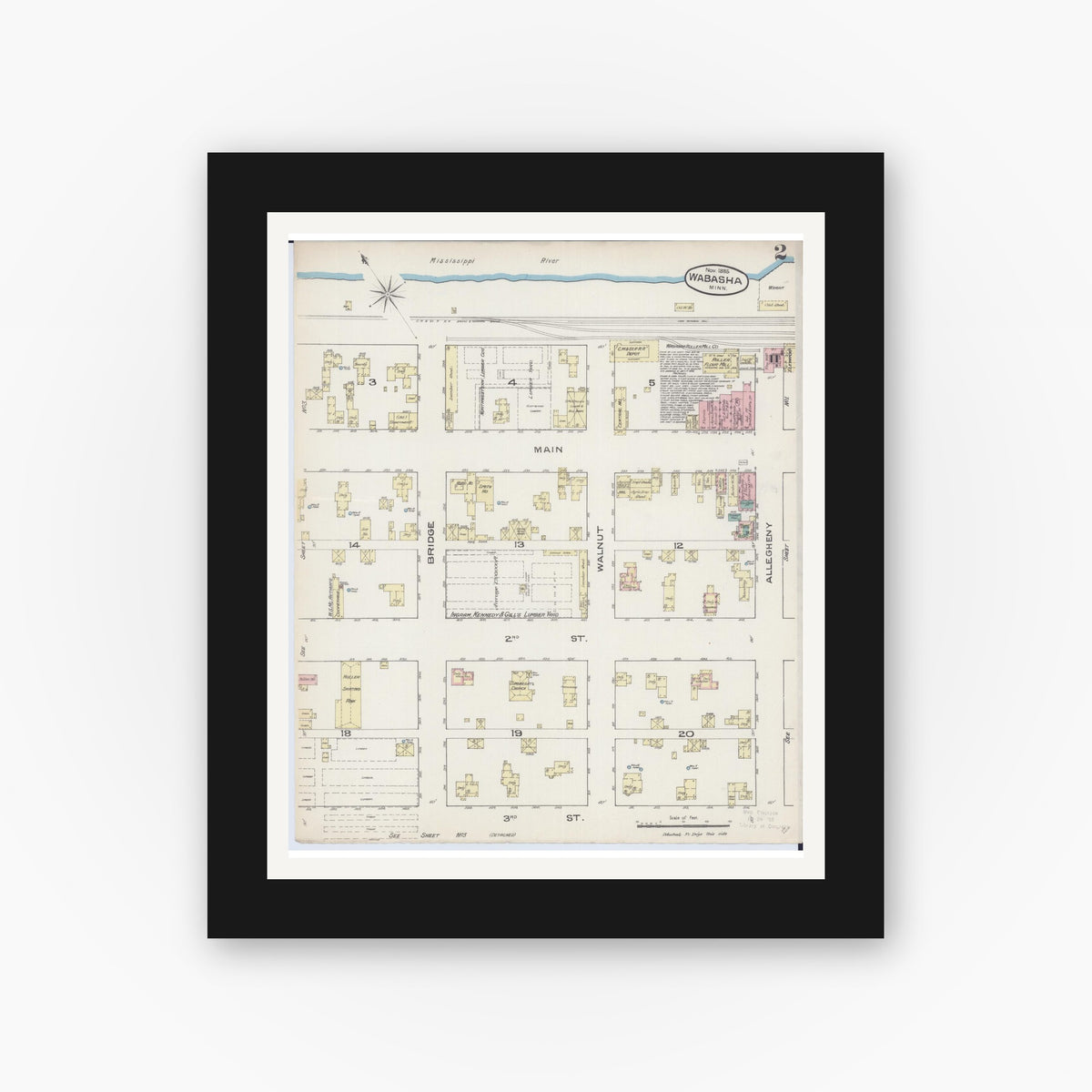 Old map wall art mockup — black gallery frame with white mat — Sanborn Fire Insurance Map from Wabasha, Wabasha County, Minnesota (1885), Sheet #0002