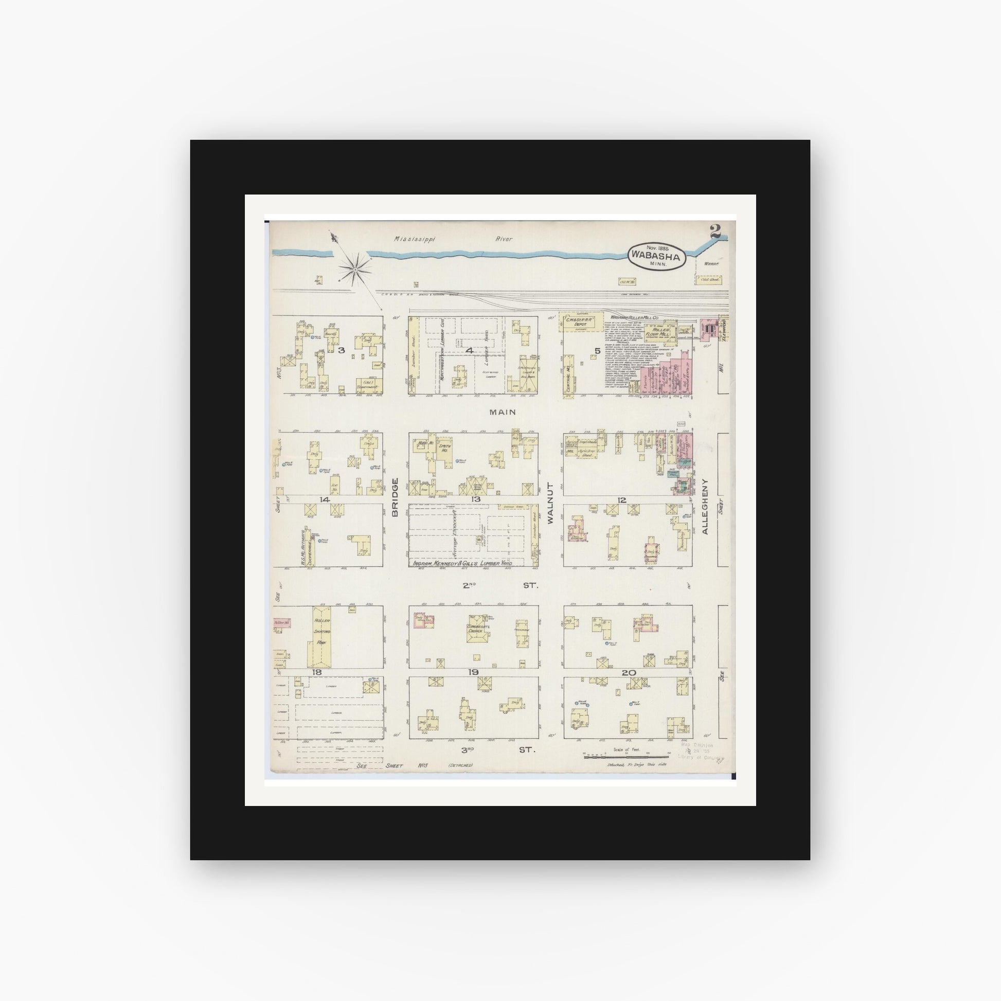 Old map wall art mockup — black gallery frame with white mat — Sanborn Fire Insurance Map from Wabasha, Wabasha County, Minnesota (1885), Sheet #0002
