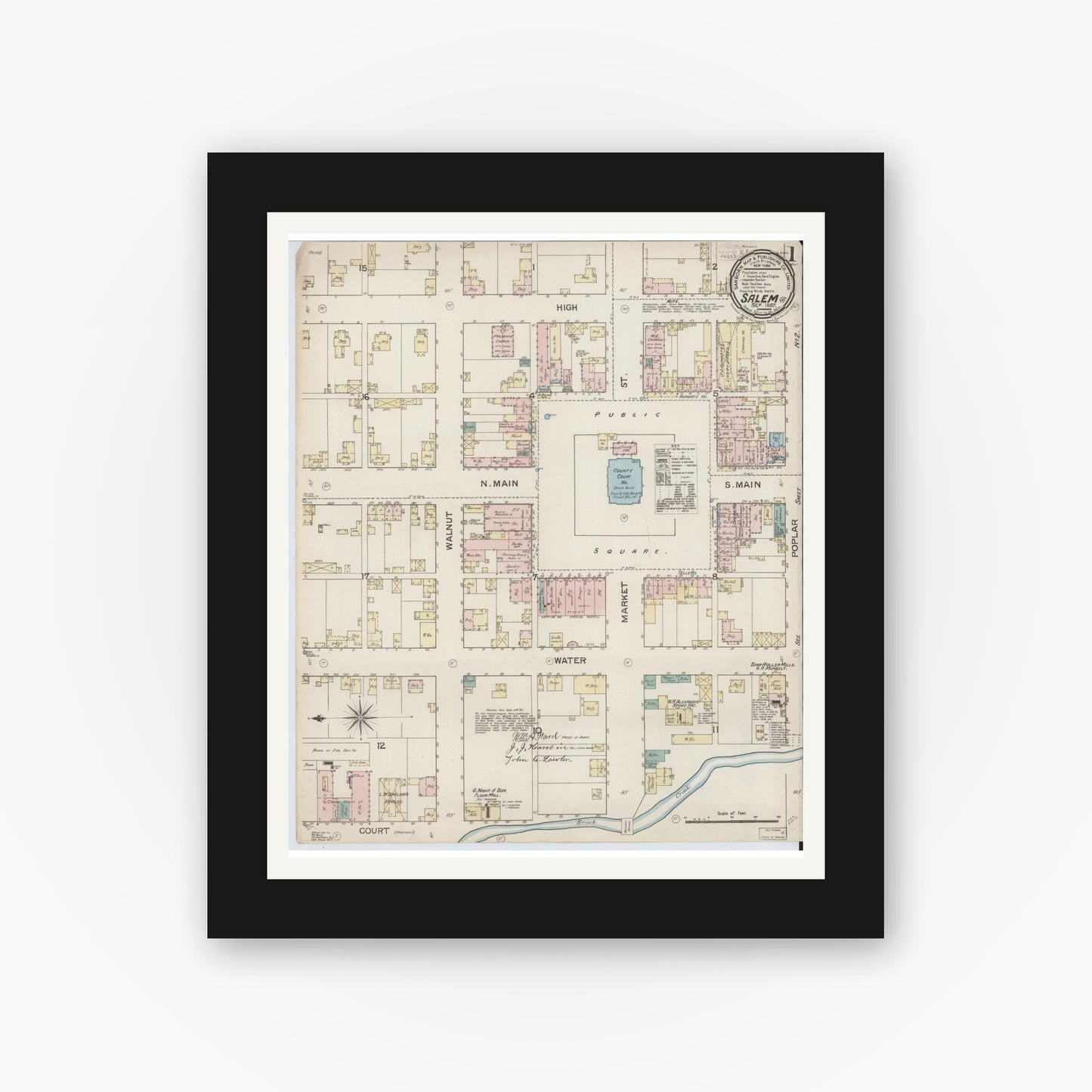 Old map wall art mockup — black gallery frame with white mat — Sanborn Fire Insurance Map from Salem, Washington County, Indiana (1887) - Complete Map Set