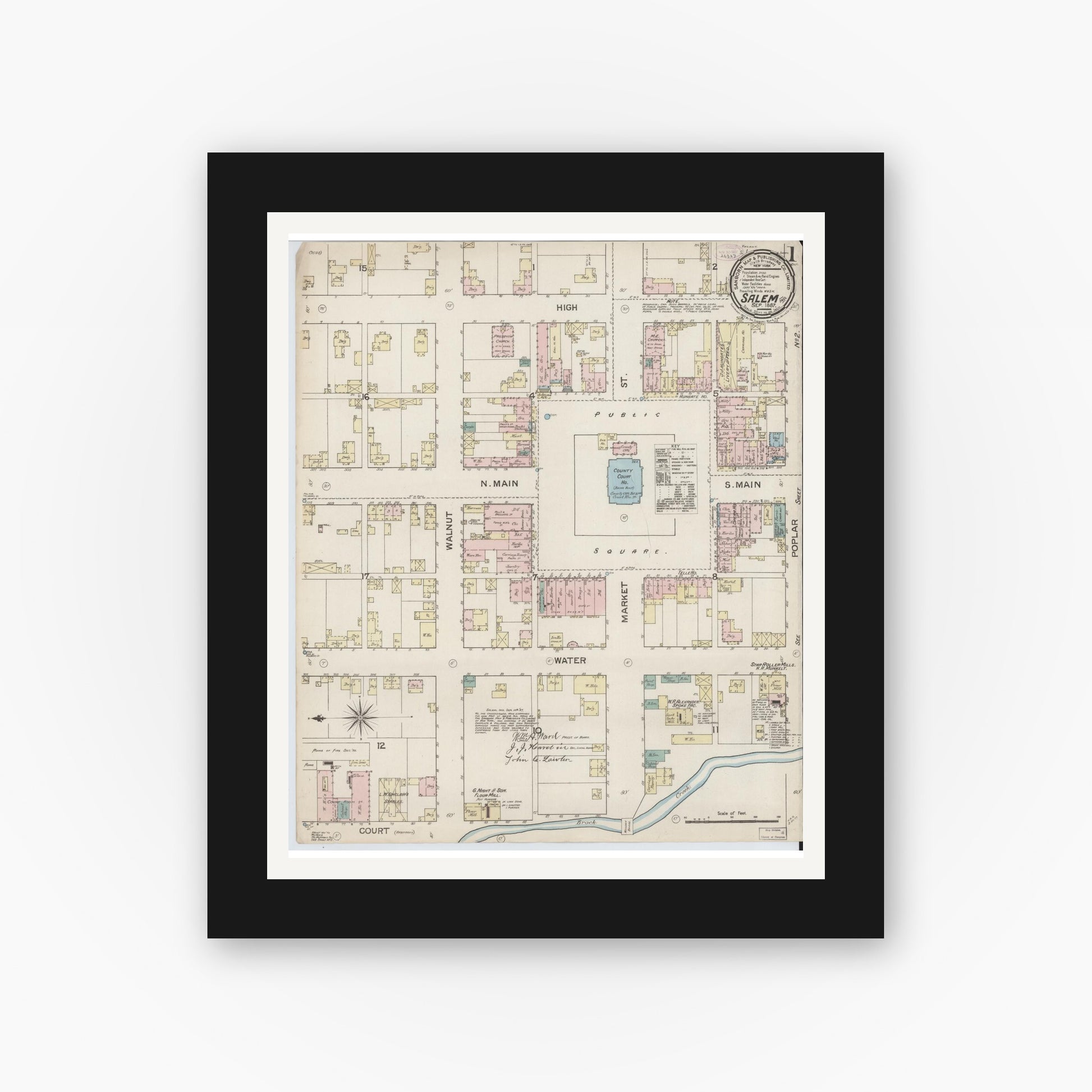Old map wall art mockup — black gallery frame with white mat — Sanborn Fire Insurance Map from Salem, Washington County, Indiana (1887) - Complete Map Set