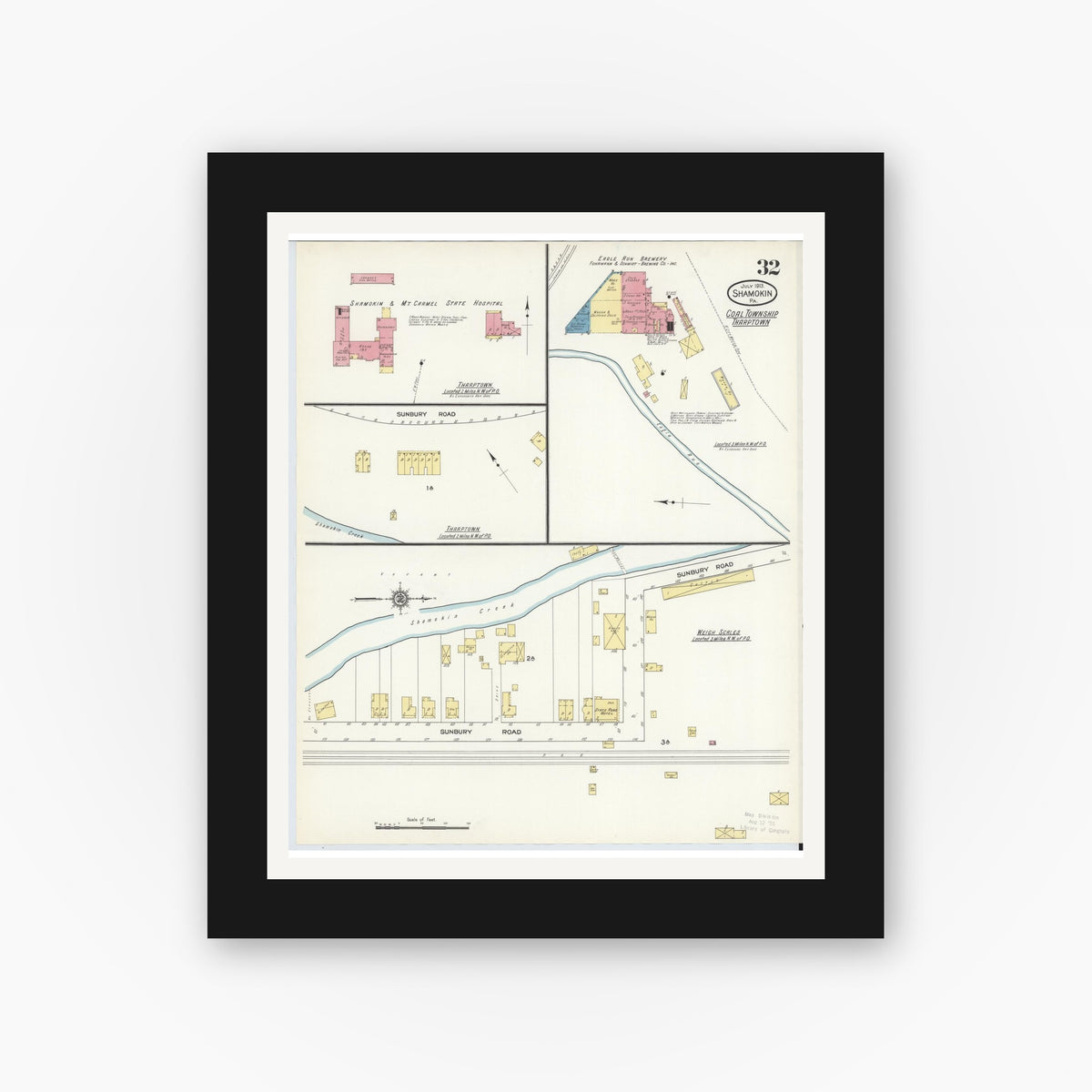 Old map wall art mockup — black gallery frame with white mat — Sanborn Fire Insurance Map from Shamokin, Northumberland County, Pennsylvania (1913), Sheet #0032