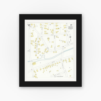 Old map wall art mockup — black gallery frame with white mat — Sanborn Fire Insurance Map from Athol, Worcester County, Massachusetts (1936), Sheet #0017
