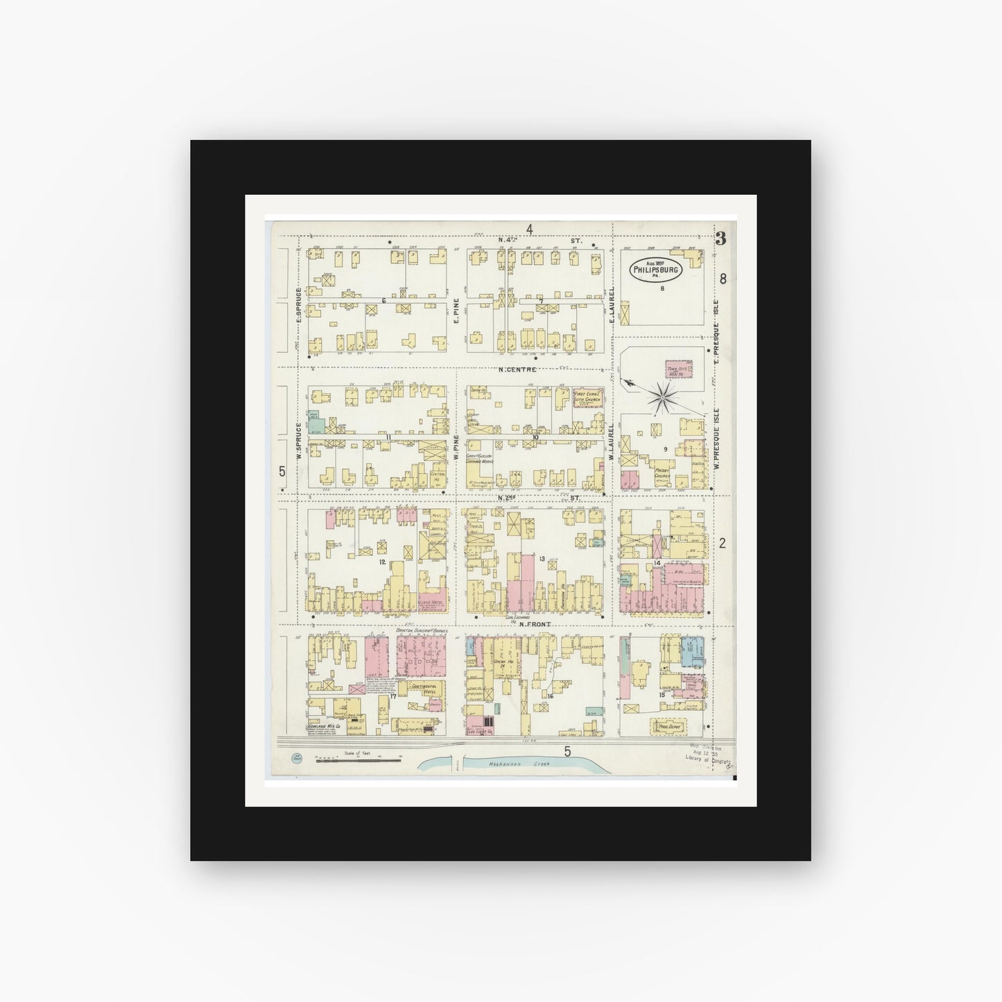 Old map wall art mockup — black gallery frame with white mat — Sanborn Fire Insurance Map from Philipsburg, Centre County, Pennsylvania (1897), Sheet #0003