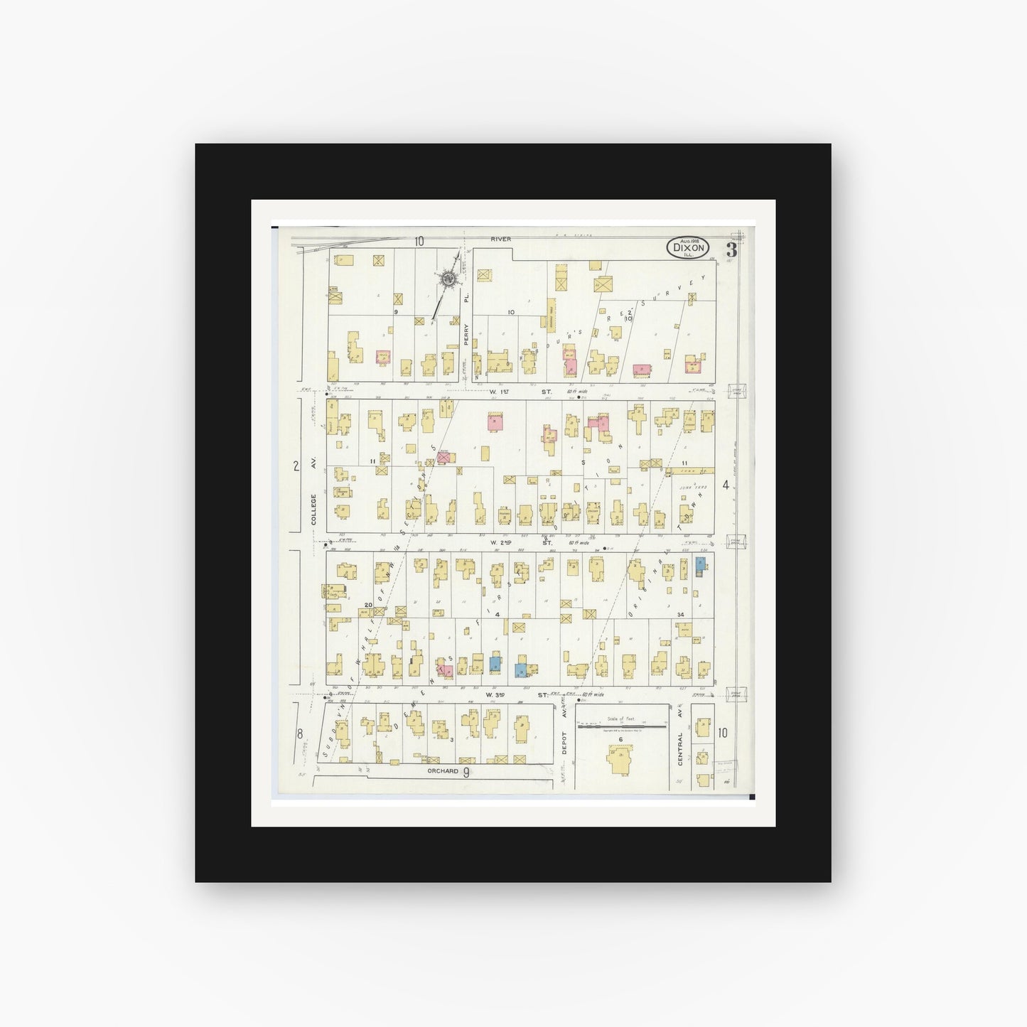 Old map wall art mockup — black gallery frame with white mat — Sanborn Fire Insurance Map from Dixon, Lee County, Illinois (1918), Sheet #0003