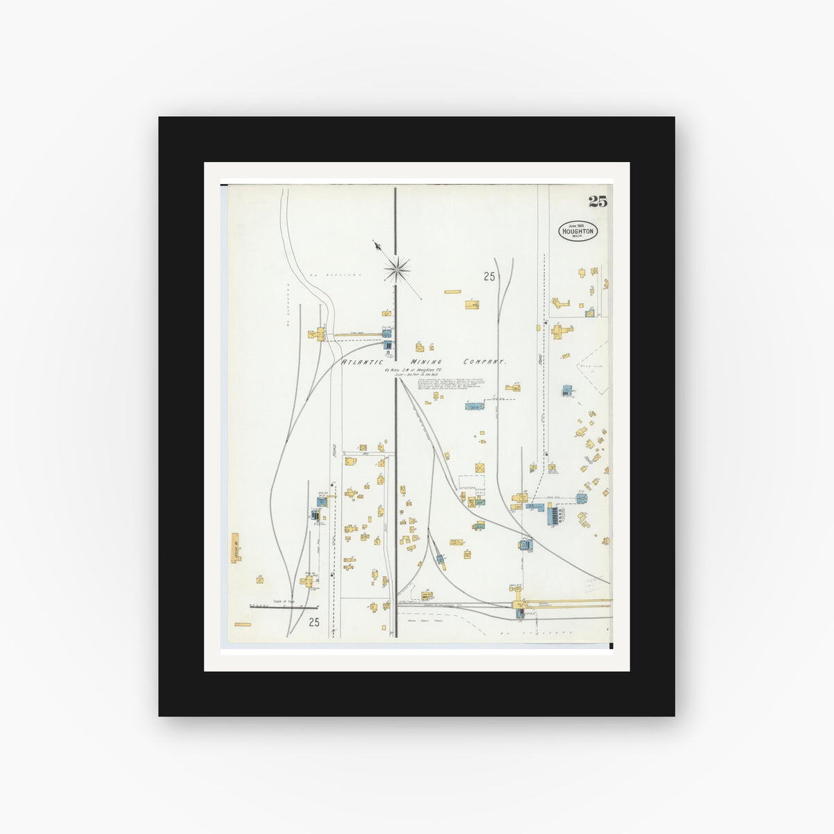 Old map wall art mockup — black gallery frame with white mat — Sanborn Fire Insurance Map from Houghton, Houghton County, Michigan (1900), Sheet #0025