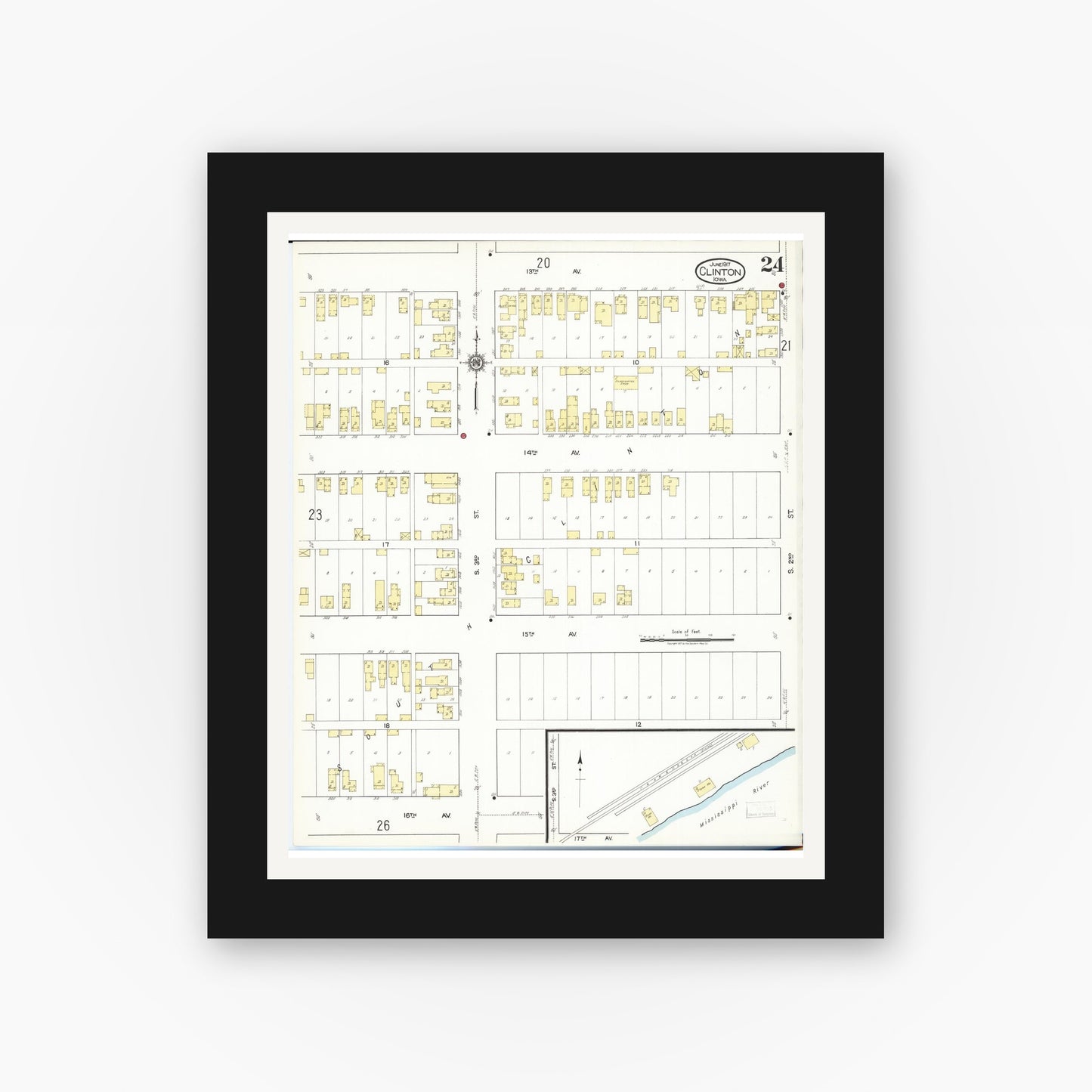 Old map wall art mockup — black gallery frame with white mat — Sanborn Fire Insurance Map from Clinton, Clinton County, Iowa (1917), Sheet #0024