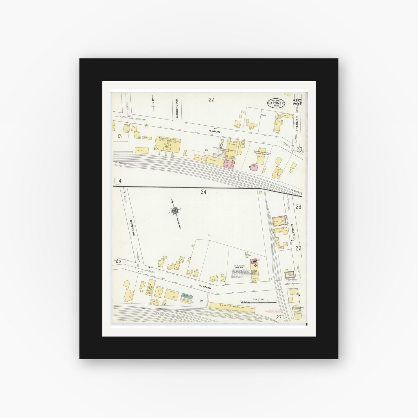 Old map wall art mockup — black gallery frame with white mat — Sanborn Fire Insurance Map from Gardner, Worcester County, Massachusetts (1909), Sheet #0025