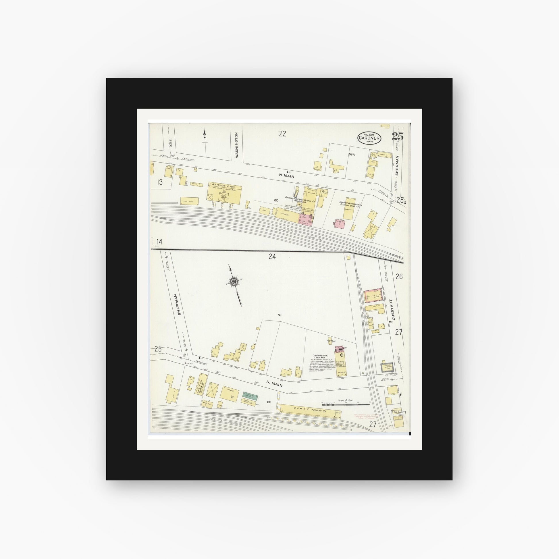 Old map wall art mockup — black gallery frame with white mat — Sanborn Fire Insurance Map from Gardner, Worcester County, Massachusetts (1909), Sheet #0025