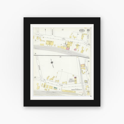 Old map wall art mockup — black gallery frame with white mat — Sanborn Fire Insurance Map from Gardner, Worcester County, Massachusetts (1909), Sheet #0025