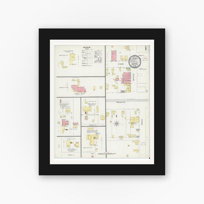 Old map wall art mockup — black gallery frame with white mat — Sanborn Fire Insurance Map from Hickory, Catawba County, North Carolina (1896), Sheet #0001