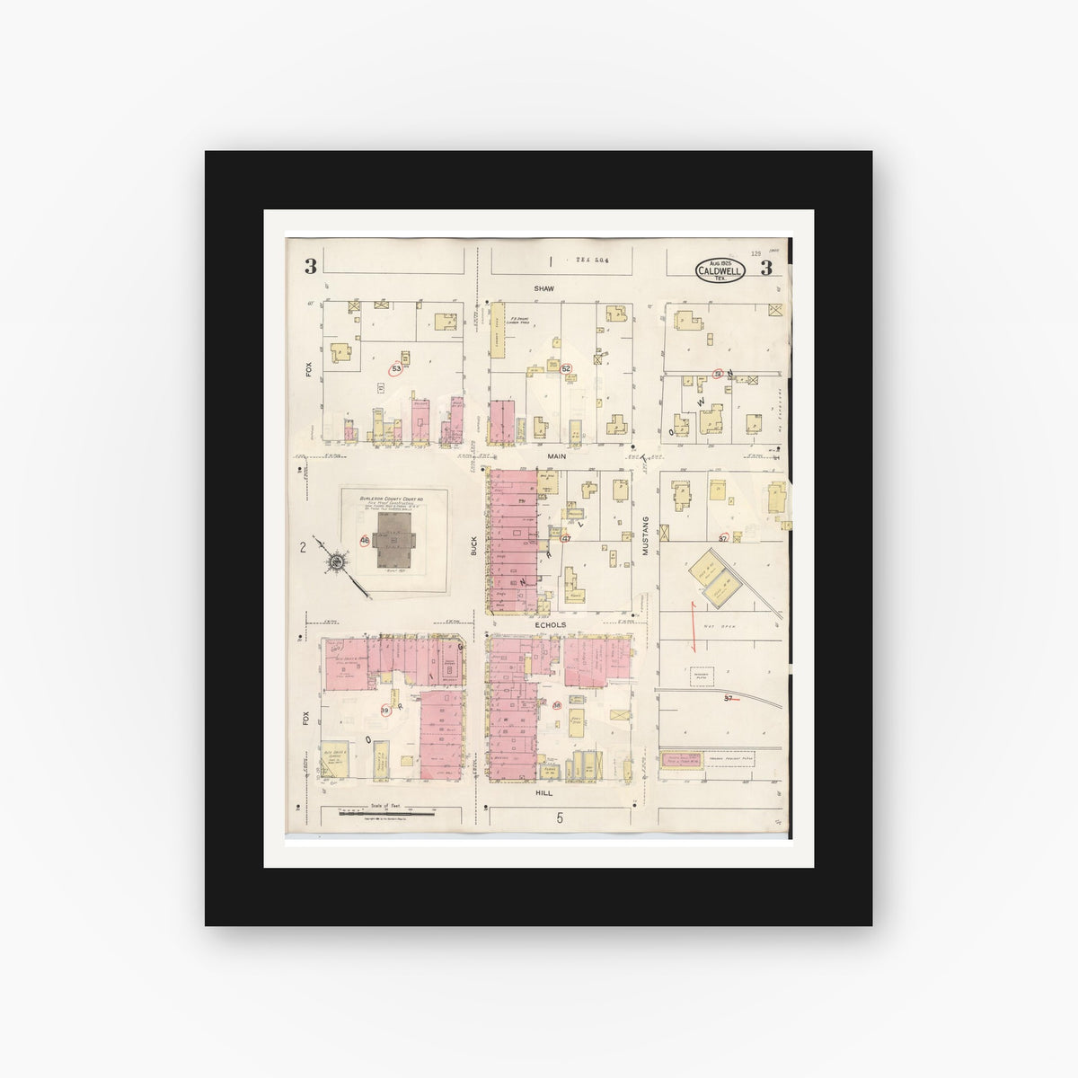 Old map wall art mockup — black gallery frame with white mat — Sanborn Fire Insurance Map from Caldwell, Burleson County, Texas (1943), Sheet #0003