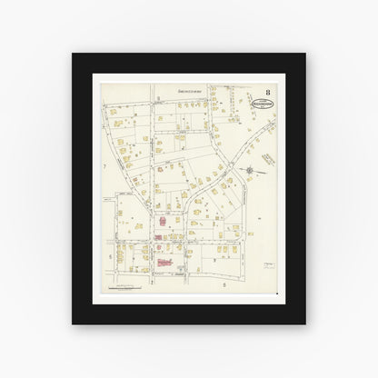 Old map wall art mockup — black gallery frame with white mat — Sanborn Fire Insurance Map from Rockingham, Richmond County, North Carolina (1918), Sheet #0008