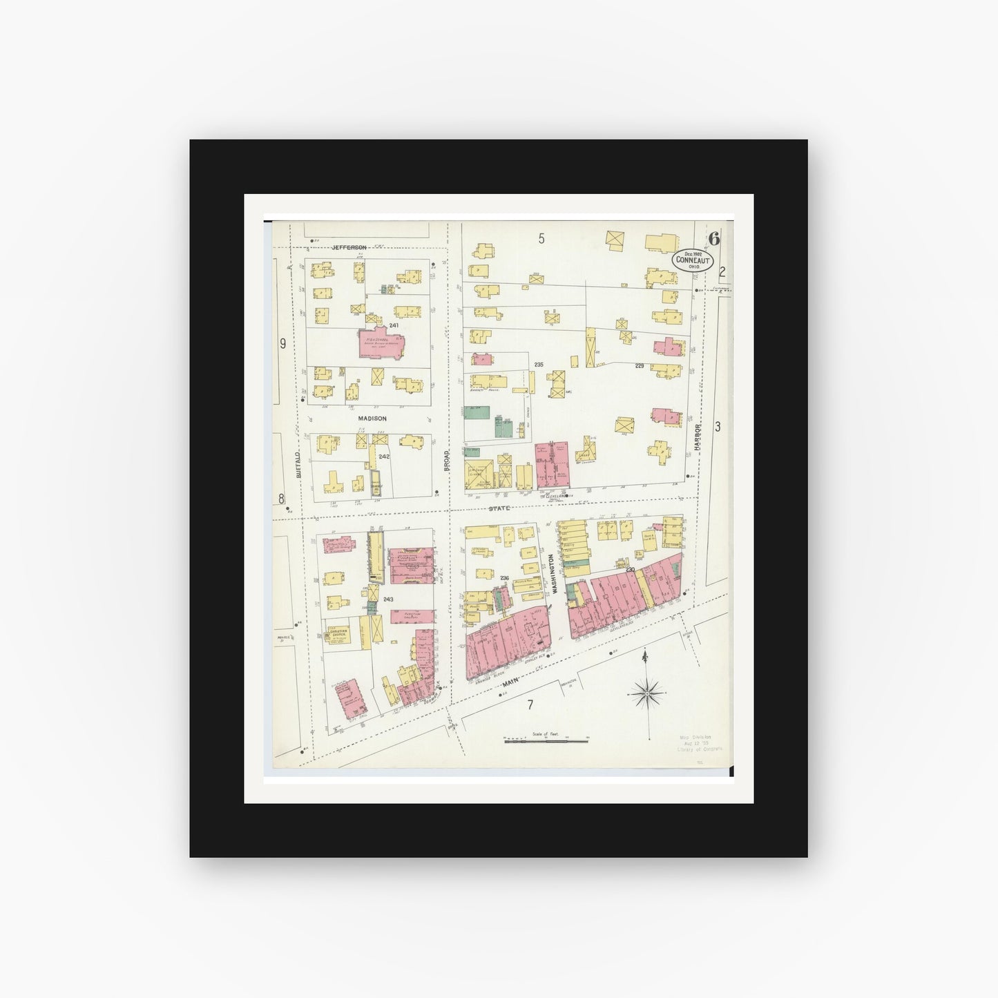 Old map wall art mockup — black gallery frame with white mat — Sanborn Fire Insurance Map from Conneaut, Ashtabula County, Ohio (1902), Sheet #0006