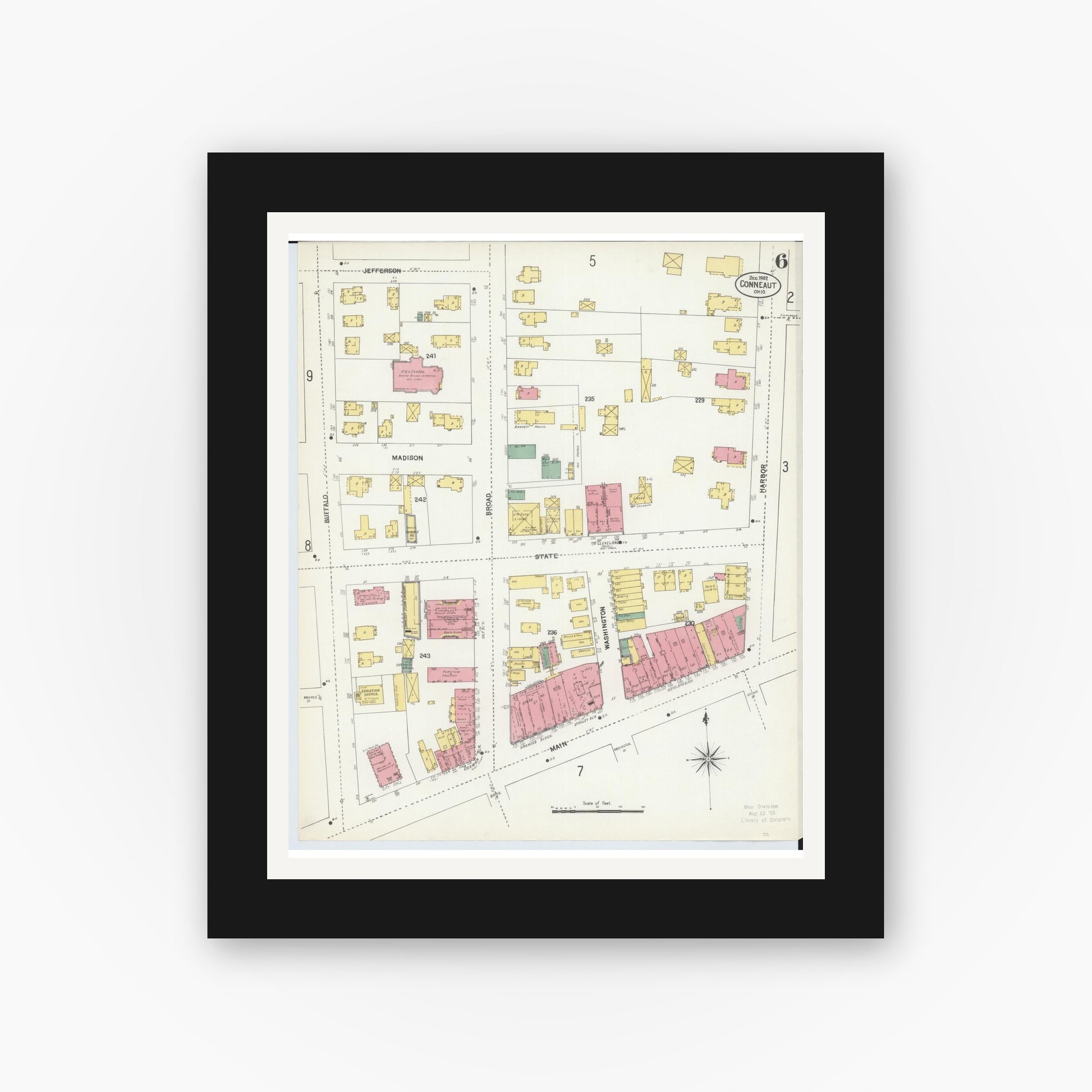 Old map wall art mockup — black gallery frame with white mat — Sanborn Fire Insurance Map from Conneaut, Ashtabula County, Ohio (1902), Sheet #0006