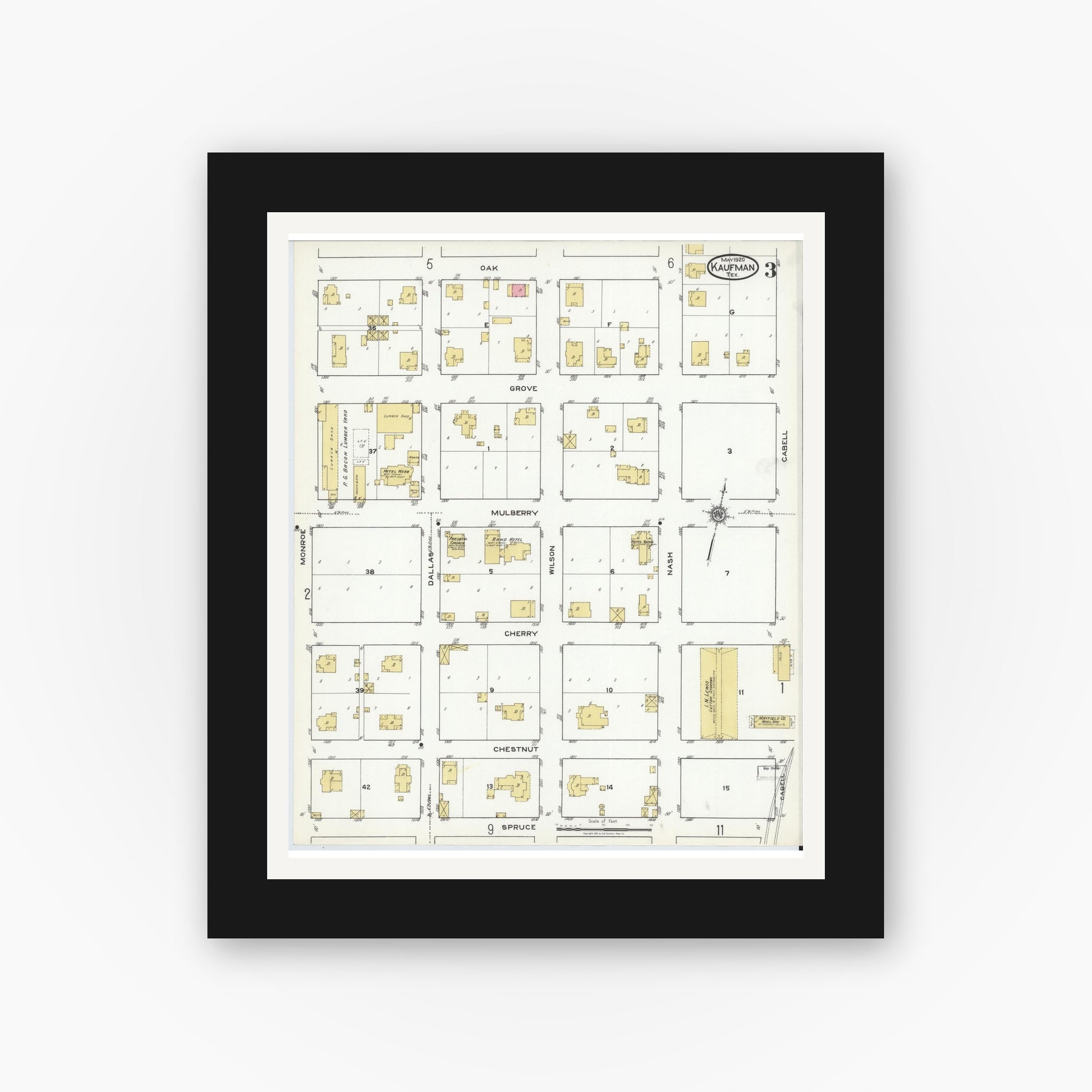 Old map wall art mockup — black gallery frame with white mat — Sanborn Fire Insurance Map from Kaufman, Kaufman County, Texas (1920), Sheet #0003