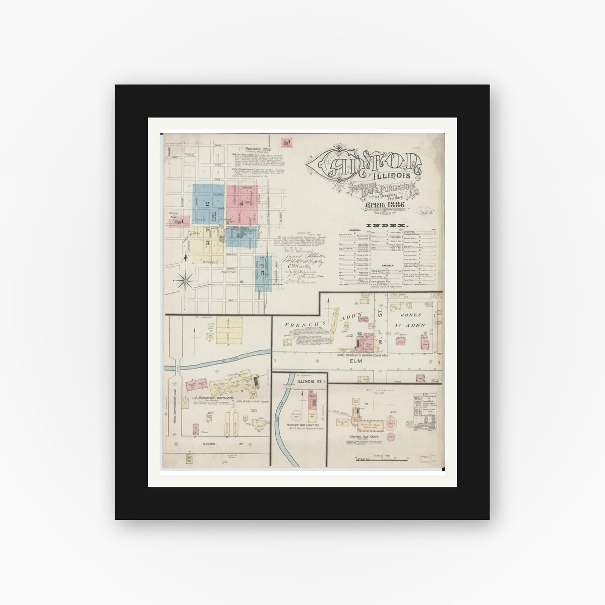 Old map wall art mockup — black gallery frame with white mat — Sanborn Fire Insurance Map from Canton, Fulton County, Illinois (1886) - Complete Map Set