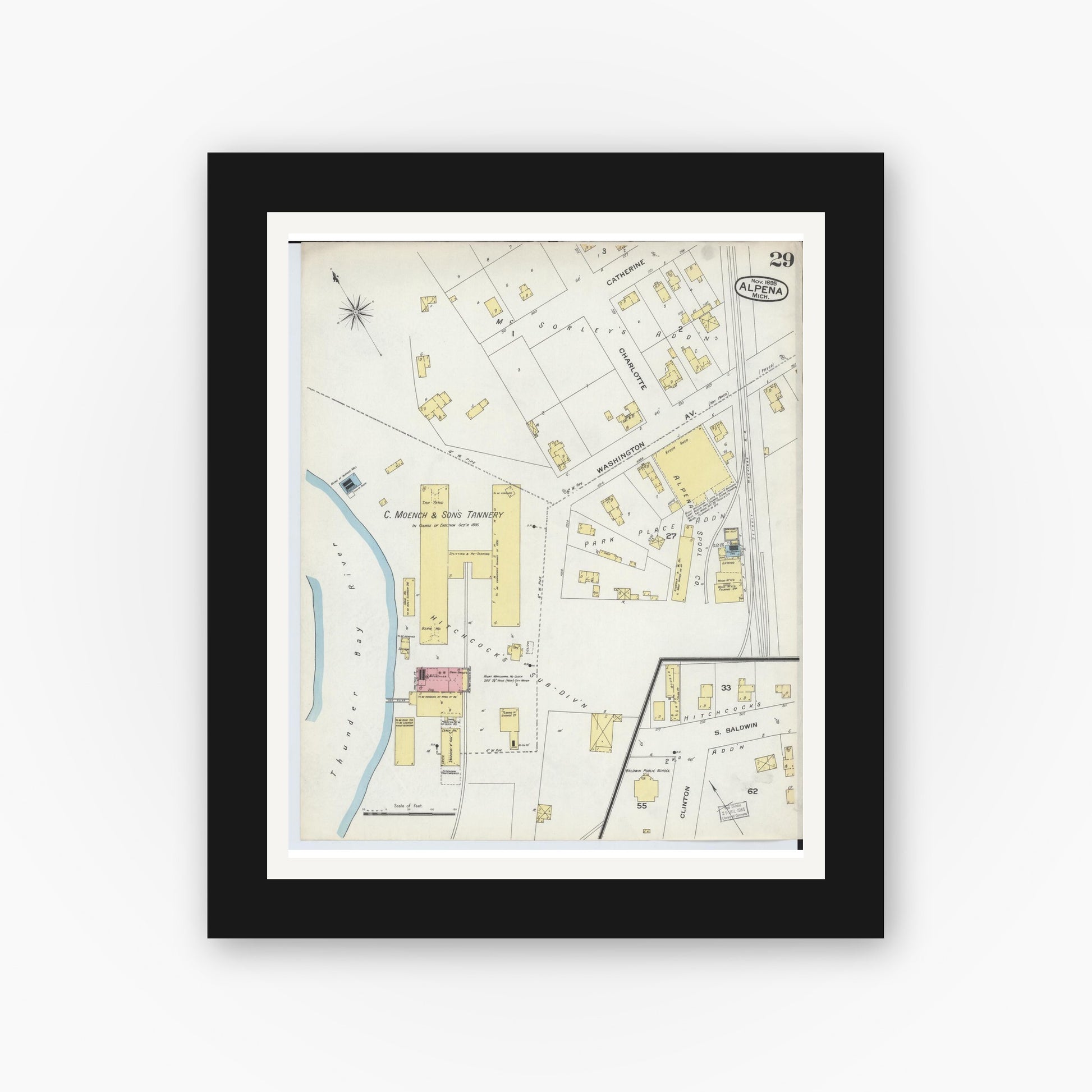 Old map wall art mockup — black gallery frame with white mat — Sanborn Fire Insurance Map from Alpena, Alpena County, Michigan (1895), Sheet #0029