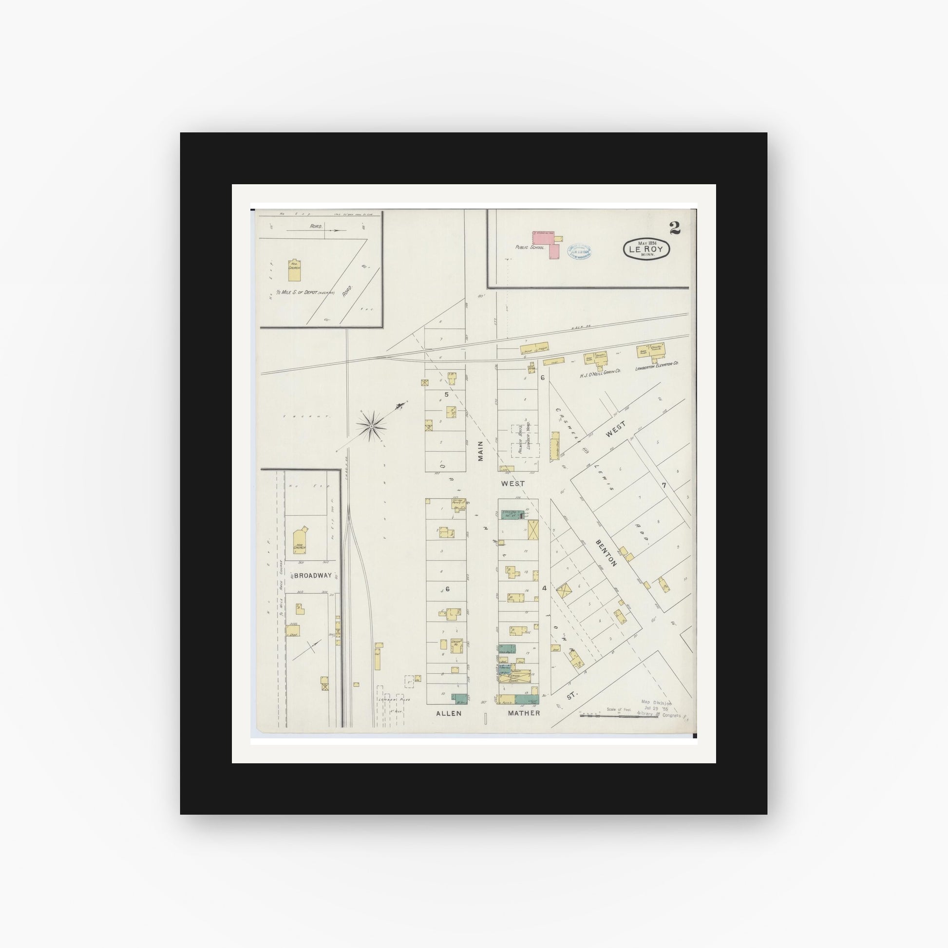 Old map wall art mockup — black gallery frame with white mat — Sanborn Fire Insurance Map from Le Roy, Mower County, Minnesota (1894), Sheet #0002
