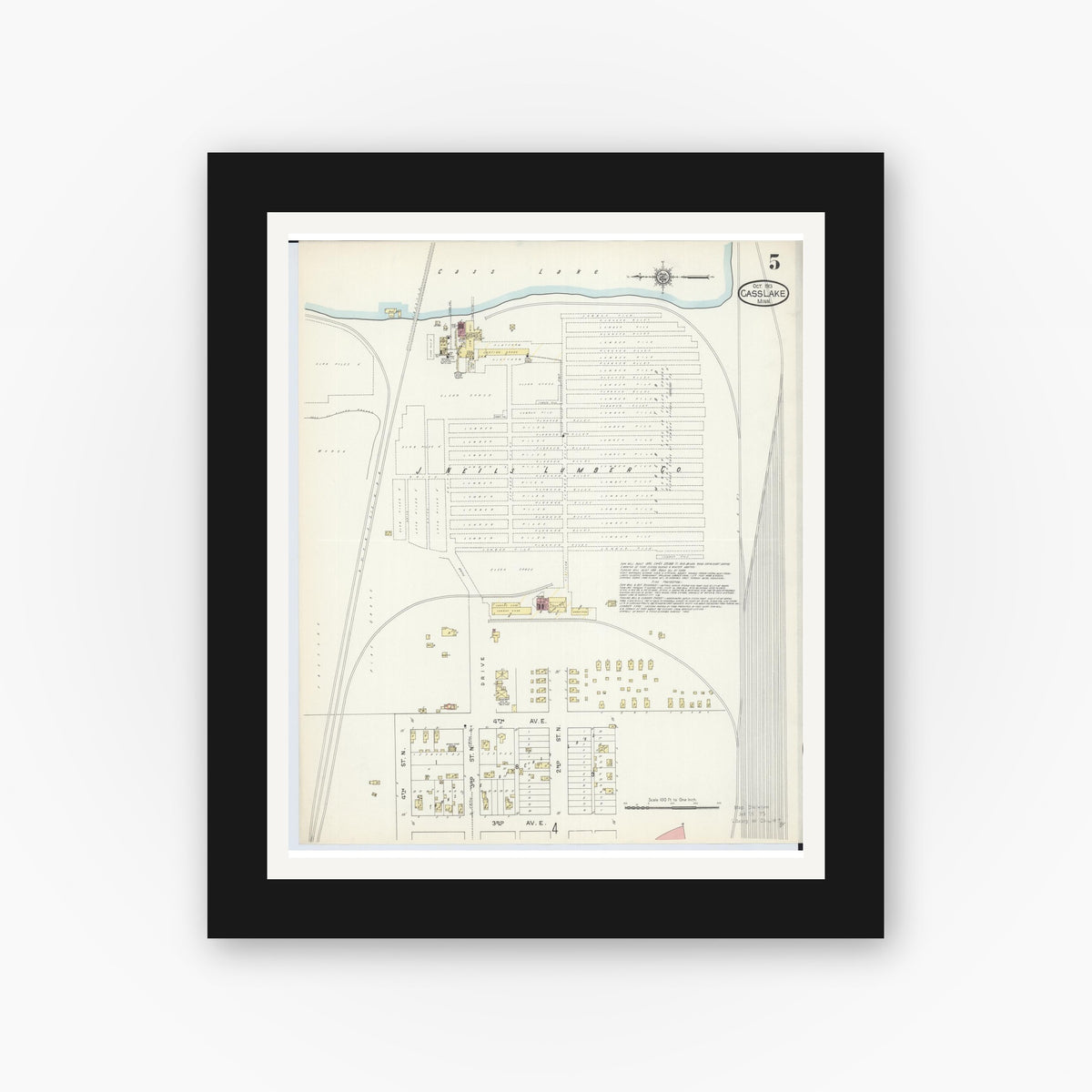 Old map wall art mockup — black gallery frame with white mat — Sanborn Fire Insurance Map from Cass Lake, Cass County, Minnesota (1913), Sheet #0005