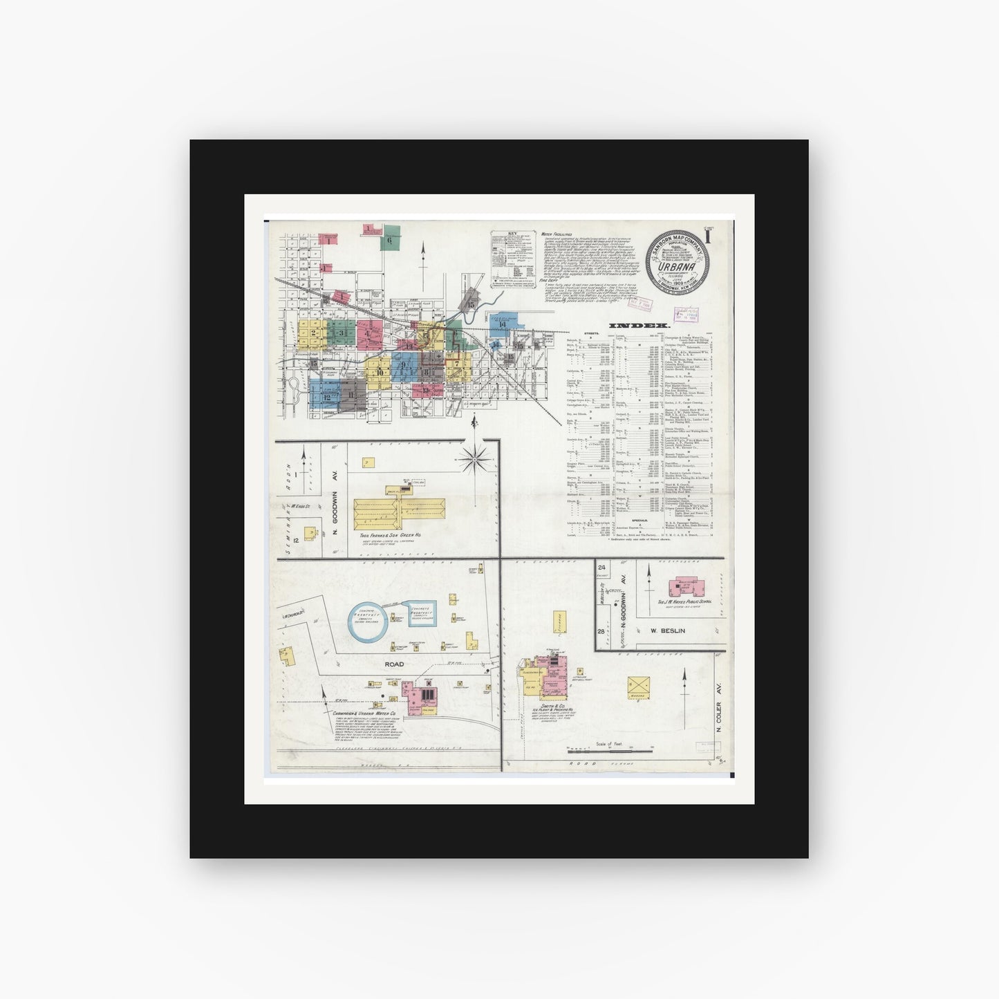Old map wall art mockup — black gallery frame with white mat — Sanborn Fire Insurance Map from Urbana, Champaign County, Illinois (1909) - Complete Map Set