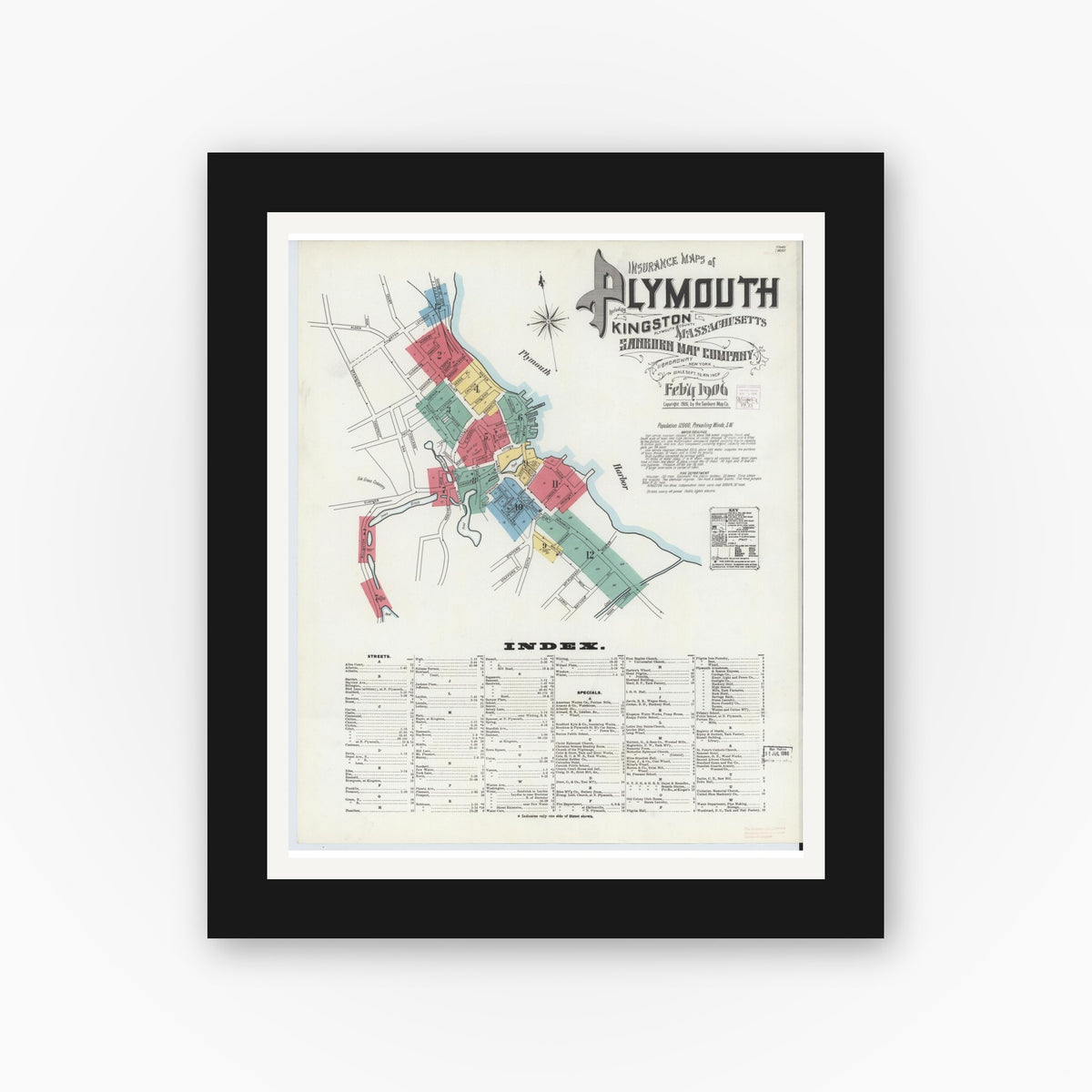 Old map wall art mockup — black gallery frame with white mat — Sanborn Fire Insurance Map from Plymouth, Plymouth County, Massachusetts (1906), Sheet #0001