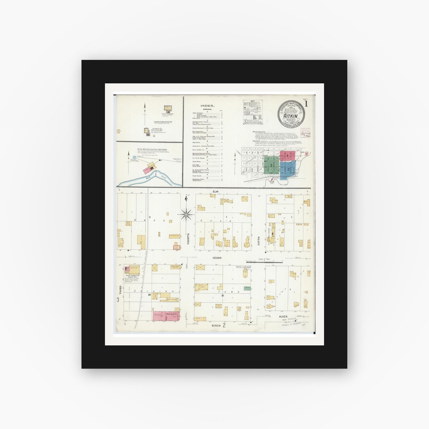 Old map wall art mockup — black gallery frame with white mat — Sanborn Fire Insurance Map from Aitkin, Aitkin County, Minnesota (1908) - Complete Map Set