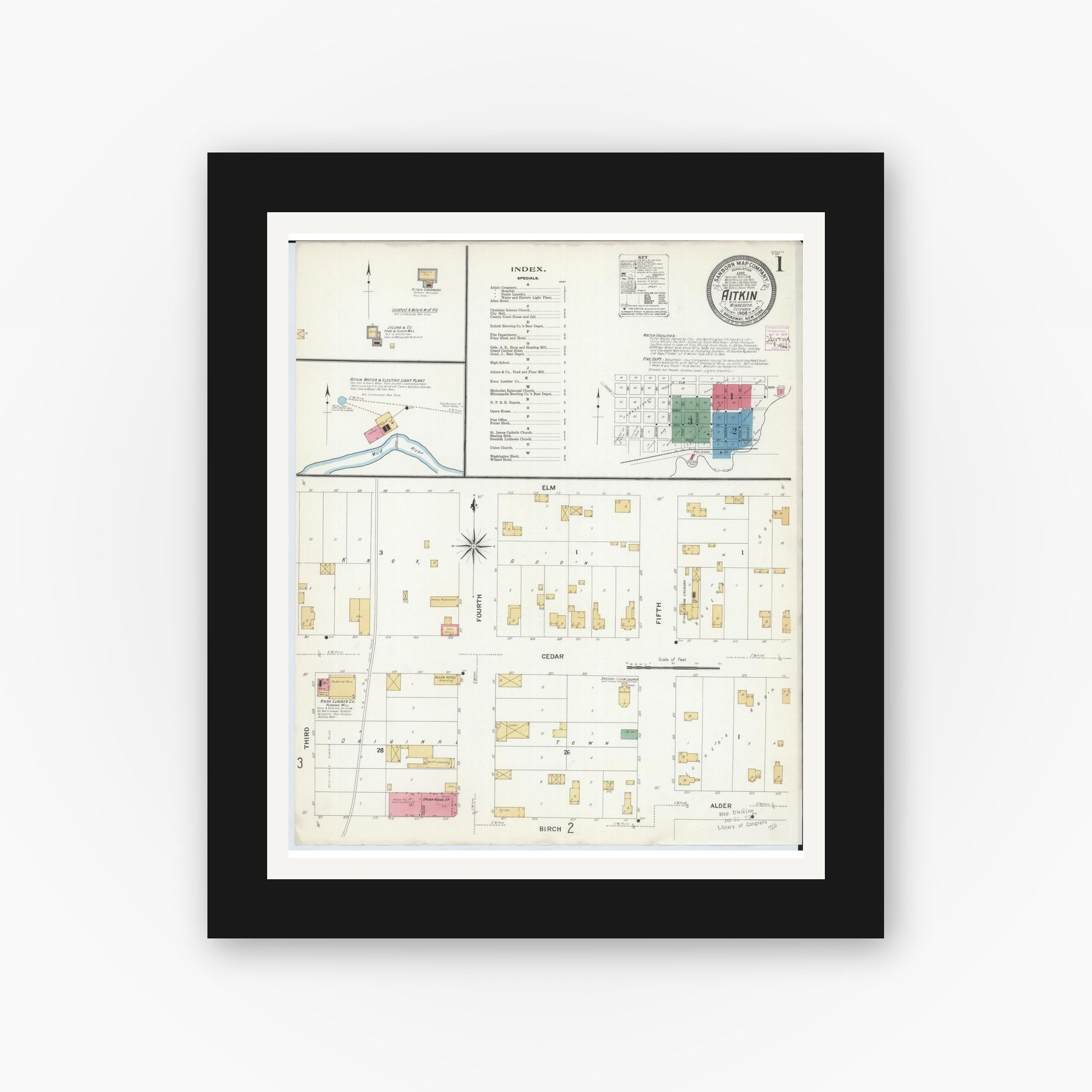 Old map wall art mockup — black gallery frame with white mat — Sanborn Fire Insurance Map from Aitkin, Aitkin County, Minnesota (1908) - Complete Map Set