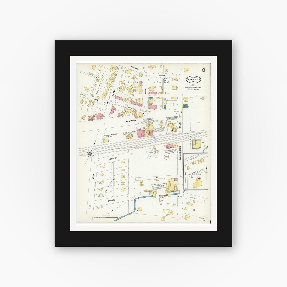 Old map wall art mockup — black gallery frame with white mat — Sanborn Fire Insurance Map from Greencastle, Putnam County, Indiana (1907), Sheet #0009