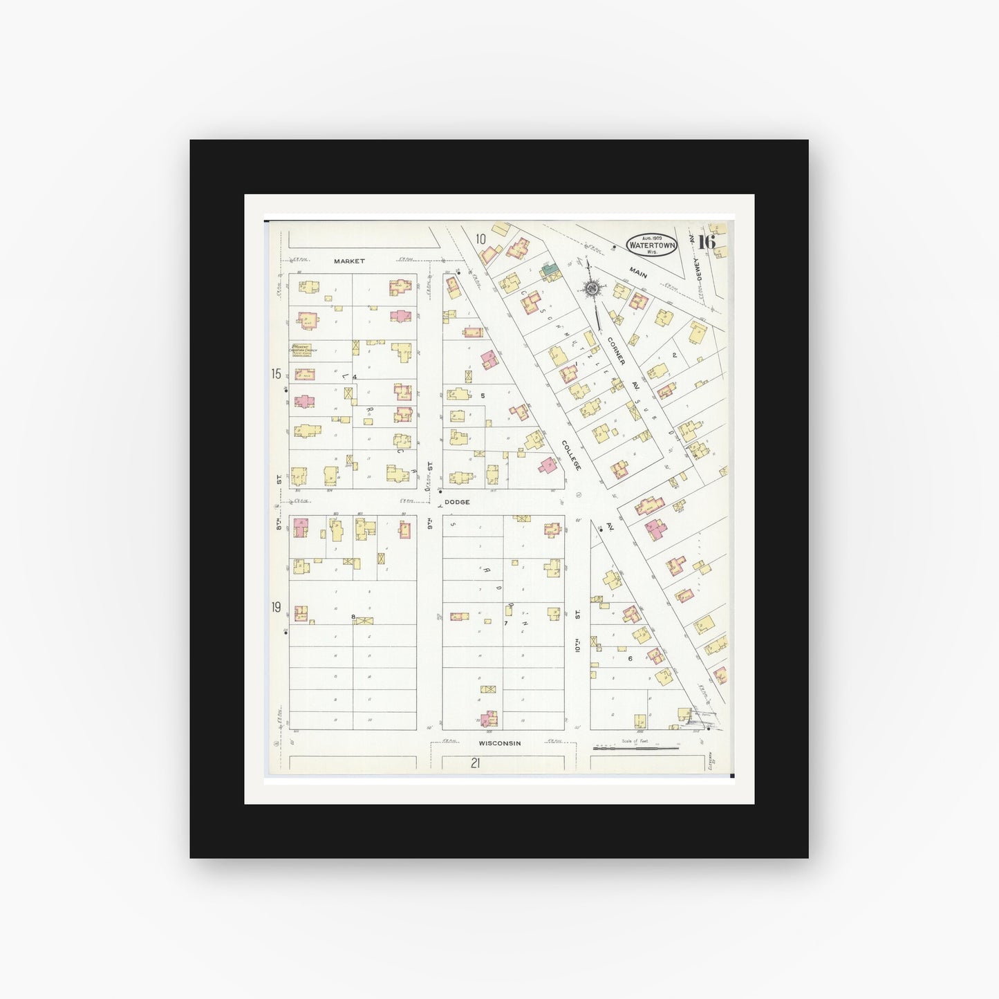 Old map wall art mockup — black gallery frame with white mat — Sanborn Fire Insurance Map from Watertown, Jefferson County, Wisconsin (1909), Sheet #0016