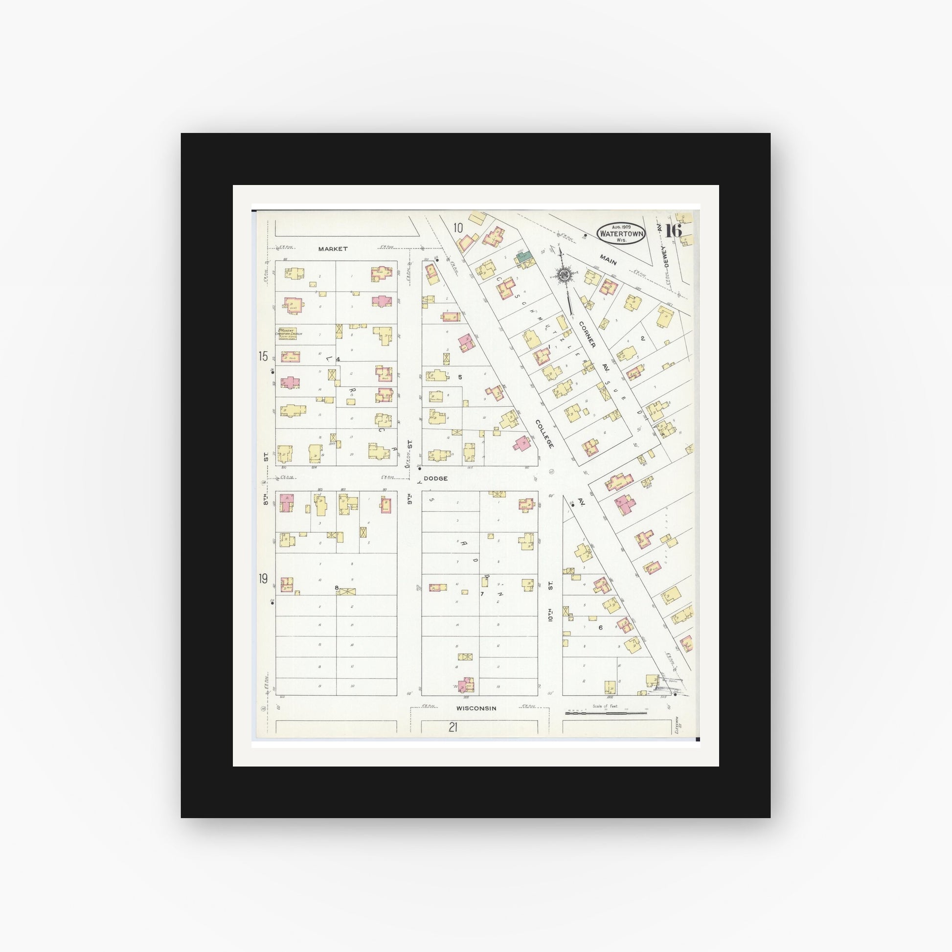 Old map wall art mockup — black gallery frame with white mat — Sanborn Fire Insurance Map from Watertown, Jefferson County, Wisconsin (1909), Sheet #0016