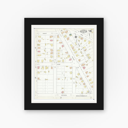 Old map wall art mockup — black gallery frame with white mat — Sanborn Fire Insurance Map from Watertown, Jefferson County, Wisconsin (1909), Sheet #0016
