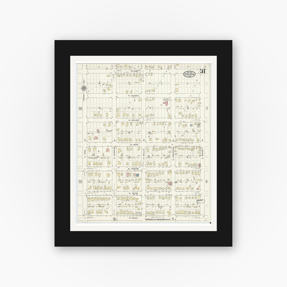 Old map wall art mockup — black gallery frame with white mat — Sanborn Fire Insurance Map from Denison, Grayson County, Texas (1914), Sheet #0031