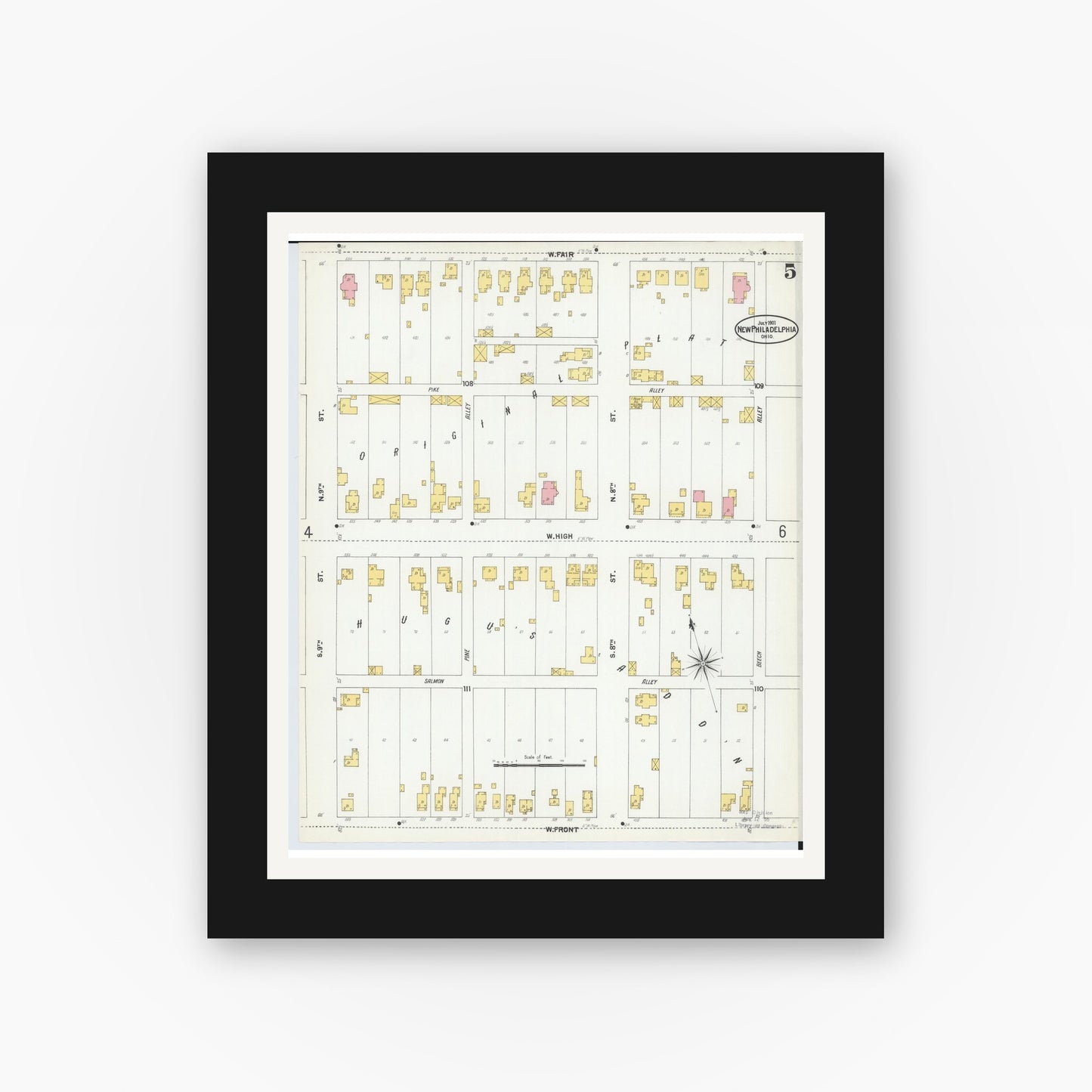 Old map wall art mockup — black gallery frame with white mat — Sanborn Fire Insurance Map from New Philadelphia, Tuscarawas County, Ohio (1901), Sheet #0005