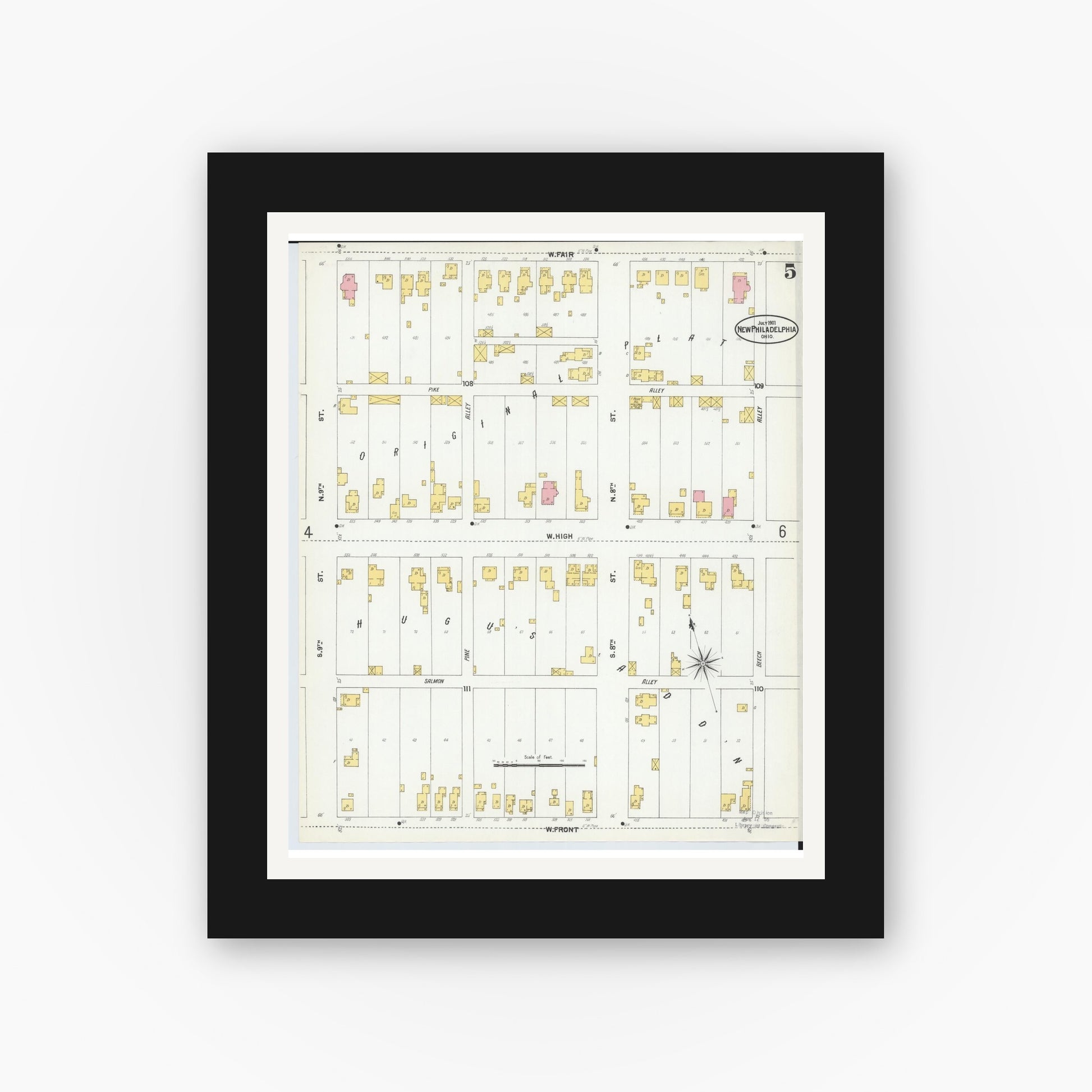 Old map wall art mockup — black gallery frame with white mat — Sanborn Fire Insurance Map from New Philadelphia, Tuscarawas County, Ohio (1901), Sheet #0005